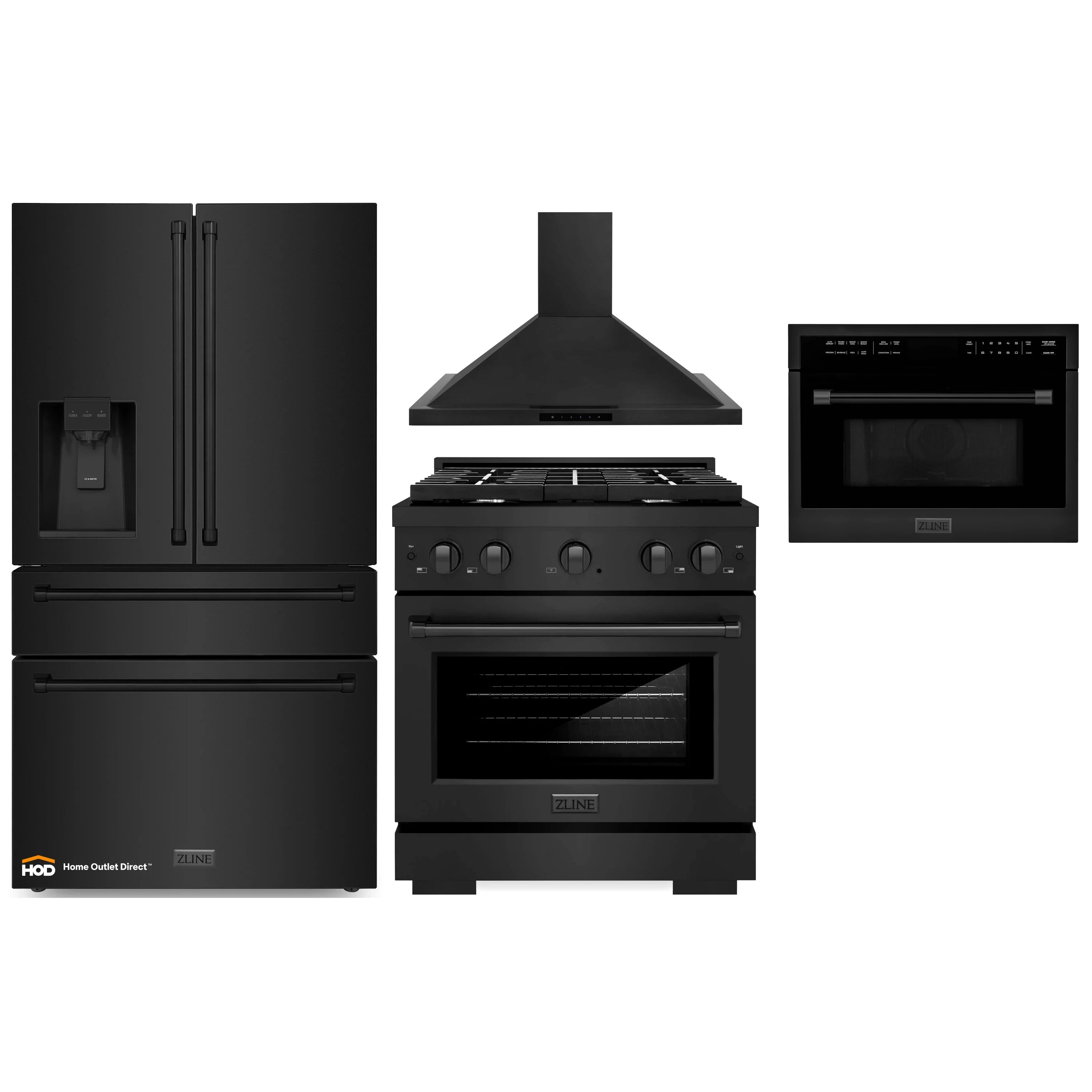 ZLINE 4-Piece Appliance Package - 30-Inch Gas Range, Refrigerator with Water Dispenser, Convertible Wall Mount Hood, and Microwave Oven in Black Stainless Steel (4KPRW-SGRBRH30-MWO)