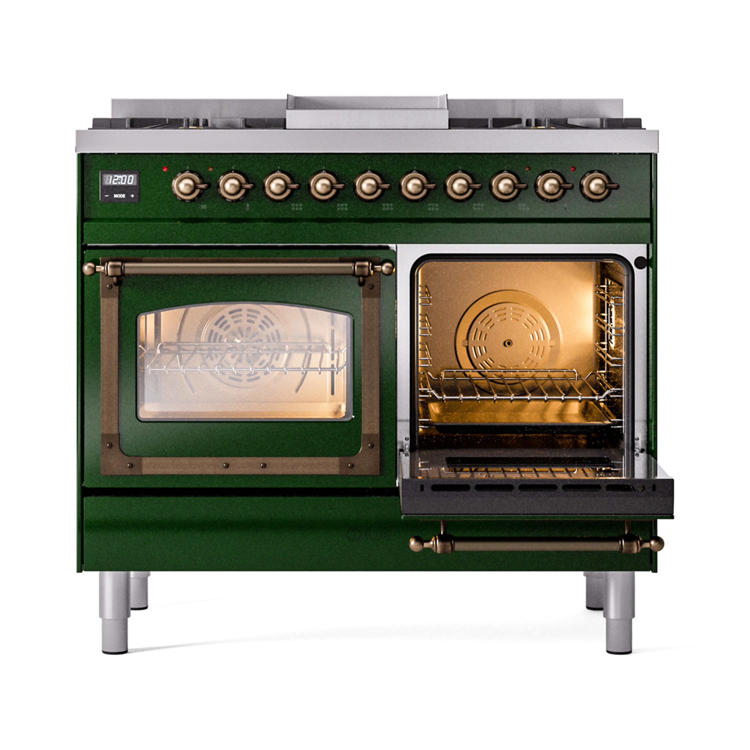 ILVE 40-Inch Nostalgie II Noblesse Dual Fuel Range with Triple Glass Door Oven in Emerald Green with Bronze Trim (UND40FNMPEGB)