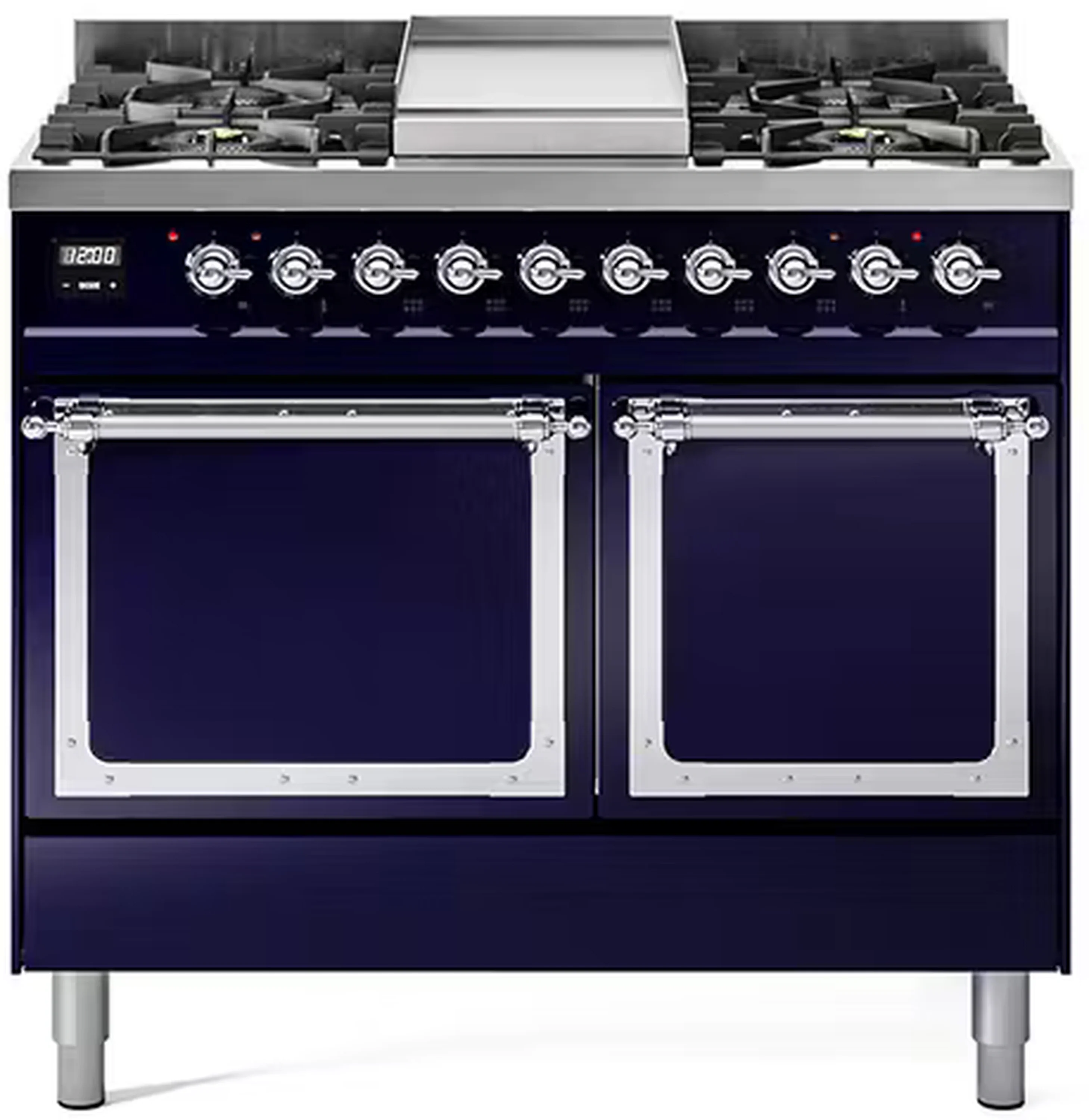 ILVE 40-Inch Nostalgie II Noblesse Dual Fuel Range with Solid Door Oven in Midnight Blue with Chrome Trim (UND40FQNMPMBC)