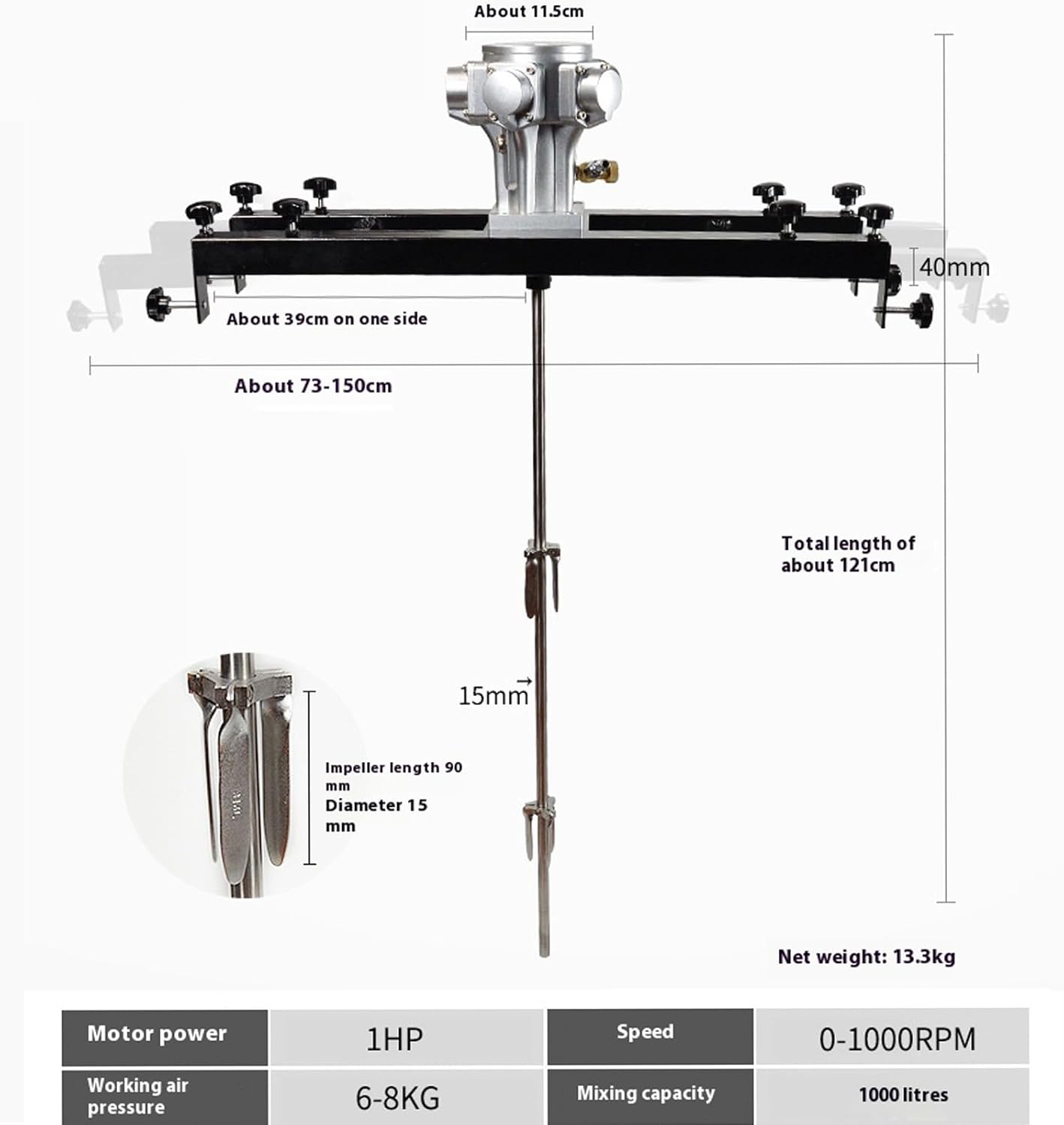 1/2HP, 3/4PHP, 1HP IBC Air Agitator 265 Gallon Pneumatic Tank Mixer Machine with Folding Propeller and Support Hanger, Paint Stirring Machine Mix Tool, for IBC Ton Barrels