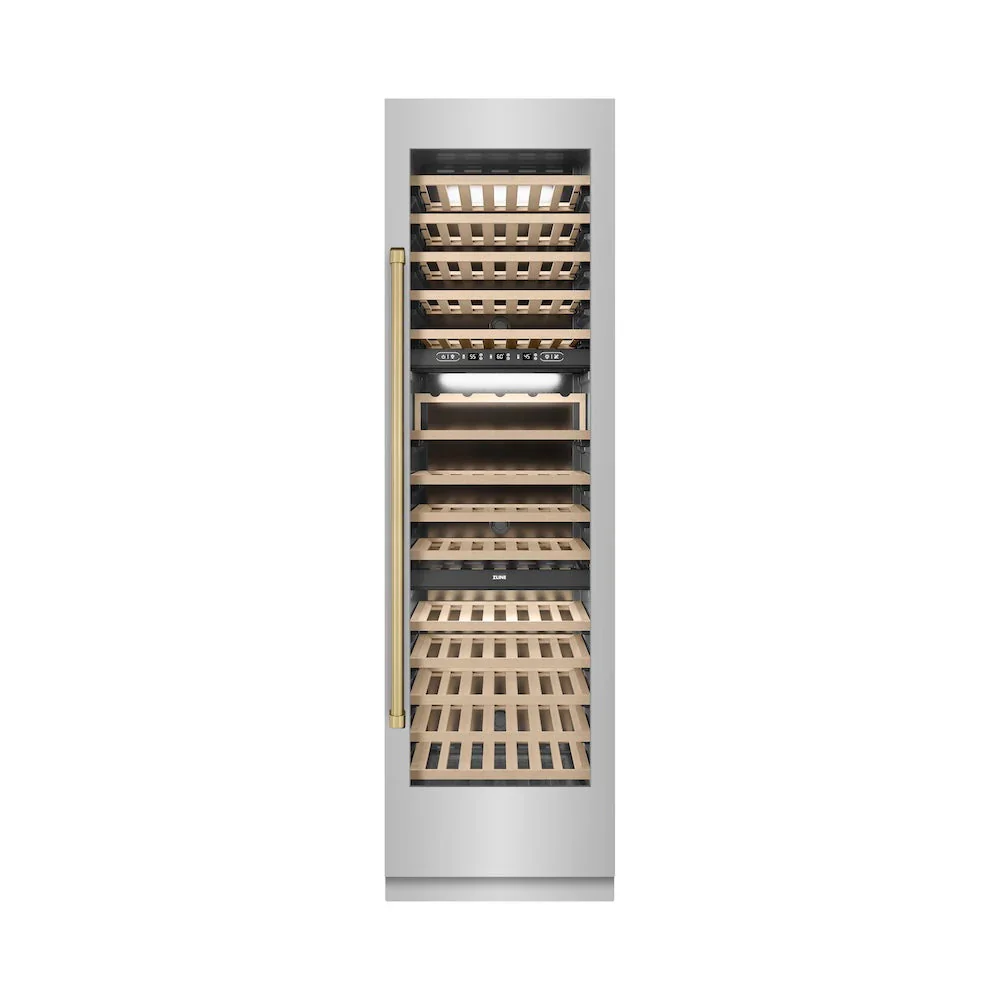ZLINE Autograph Edition 24-Inch 12.4 Cu. Ft. Triple Zone 100 Bottle Column Wine Cooler in Stainless Steel and Champagne Bronze Accents (RCWVZ-304-24-CB)