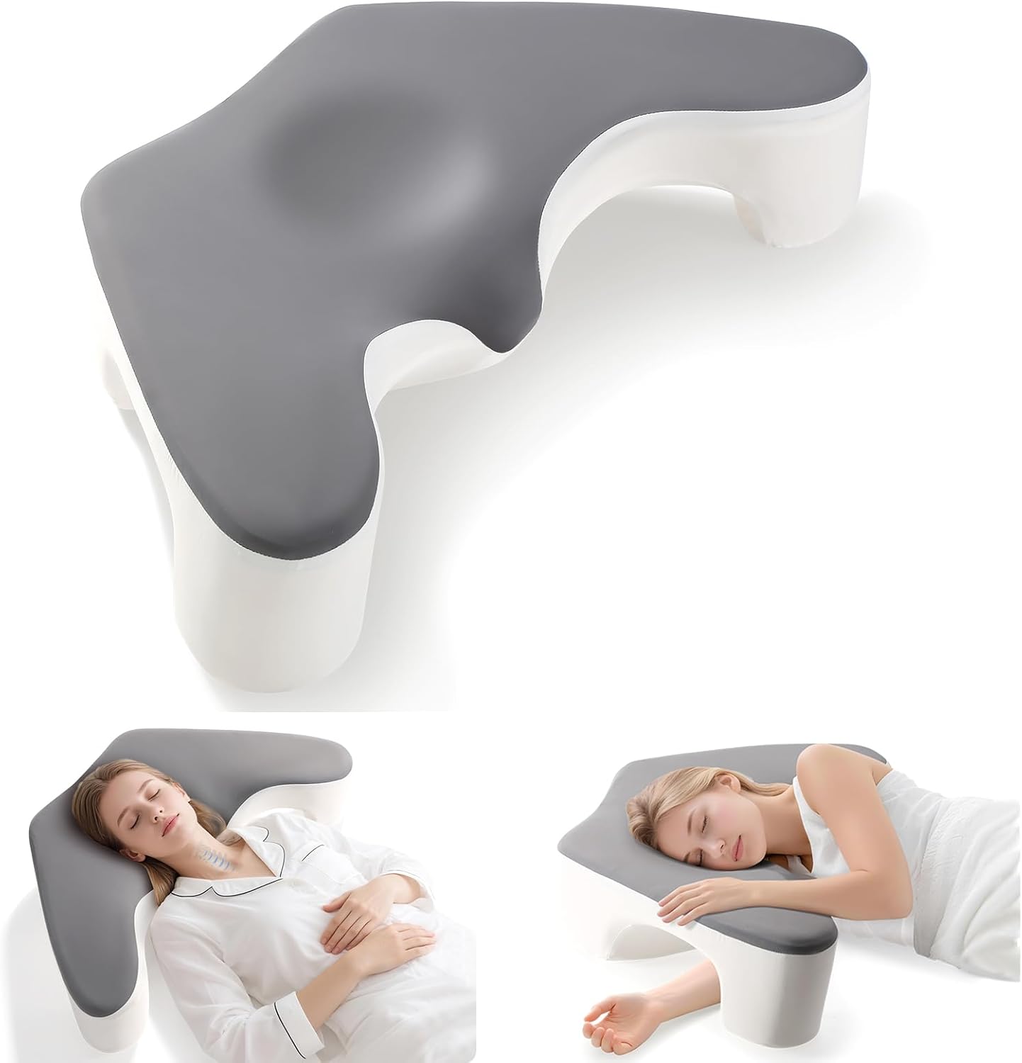 Side Sleeper Pillow for Shoulder Pain Relief, Memory Foam Pillow with Arm Hole & Neck Support Design, Ergonomic Back Sleeping Cervical Pillows with Washable Cooling Pillows Case - Grey&White