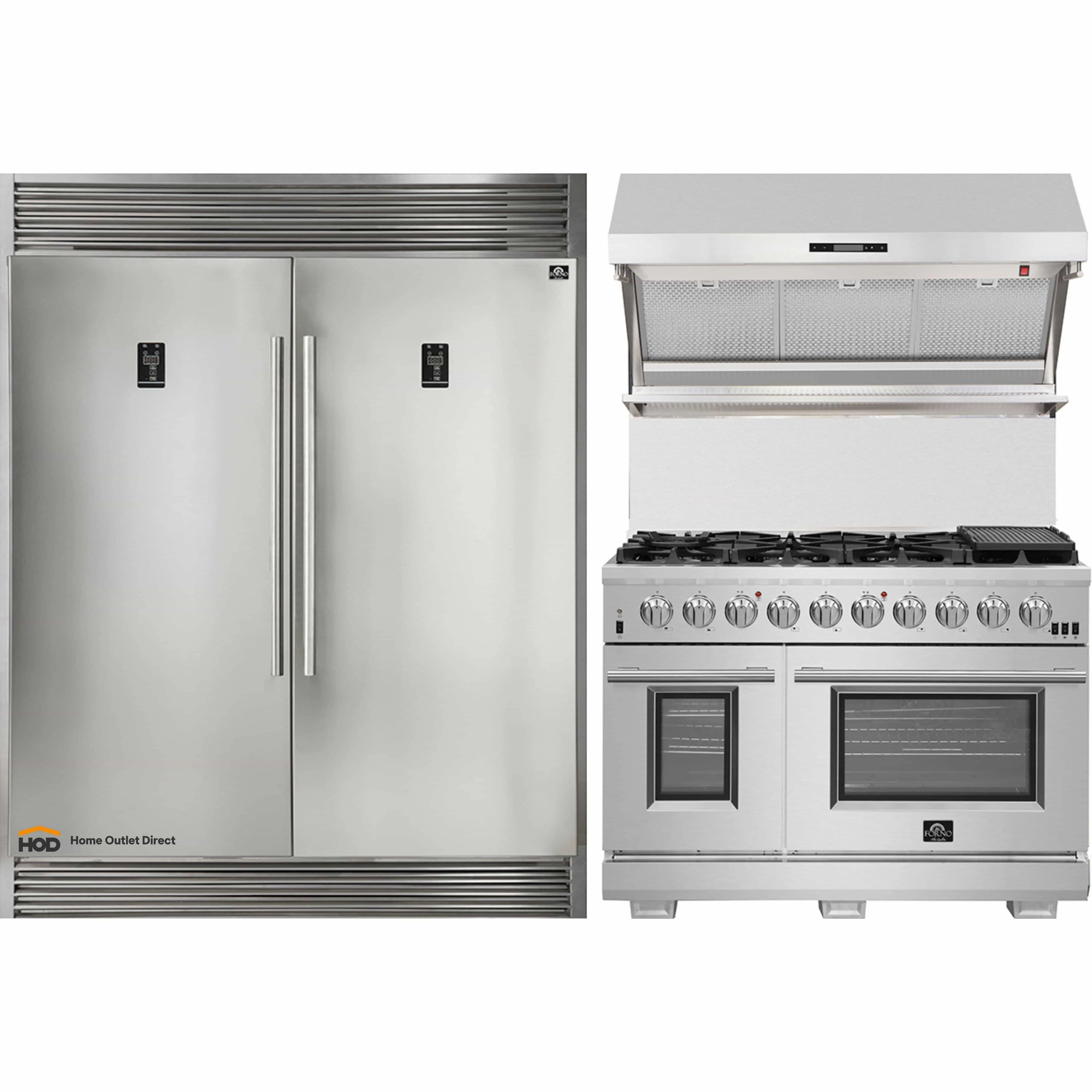 Forno 3-Piece Appliance Package - 48-Inch Gas Range, 60-Inch Pro-Style Refrigerator & Wall Mount Hood with Backsplash in Stainless Steel (FBDL-019-05US)