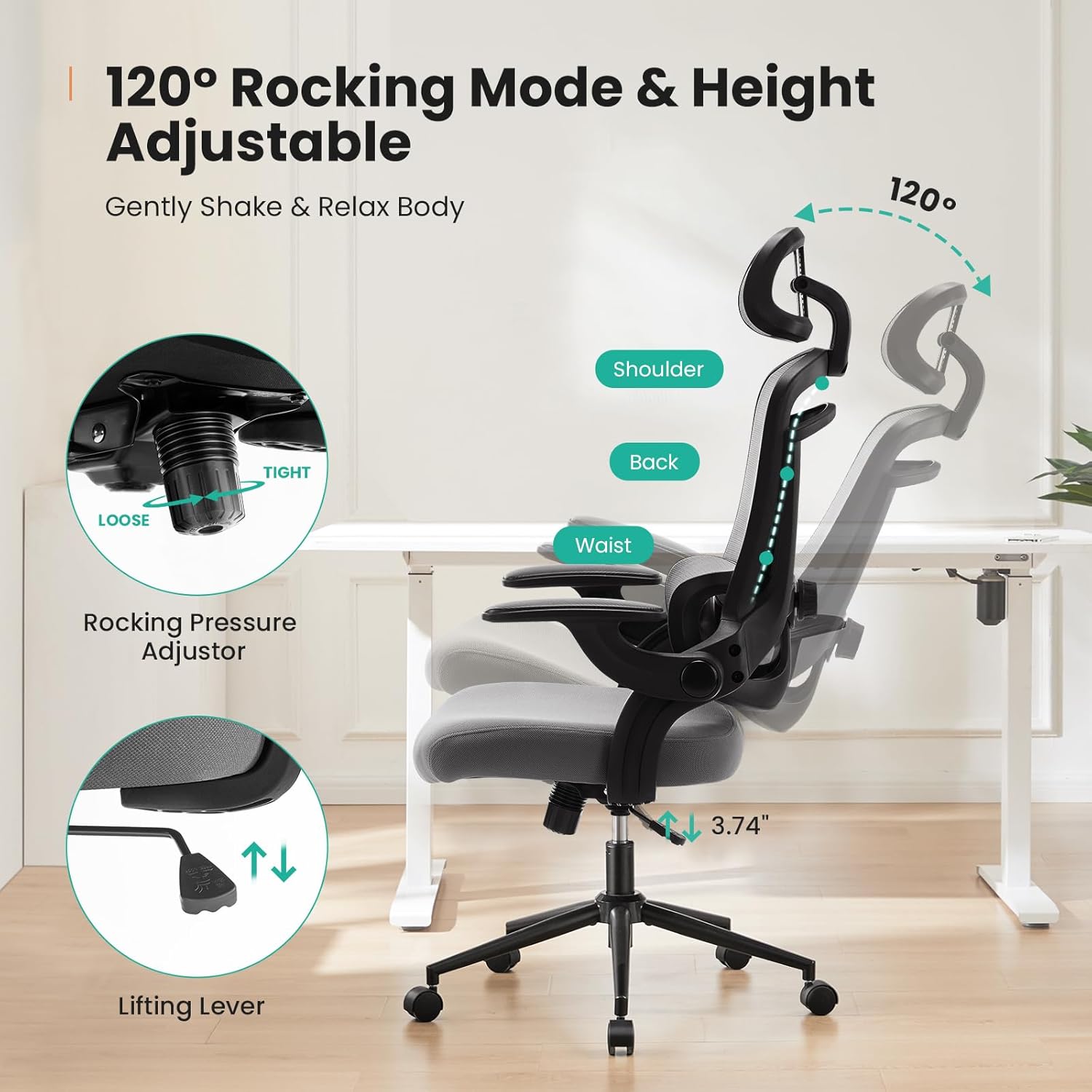 Sweetcrispy Ergonomic Desk Chair Office Chair, 300 LBS Home Mesh Office Desk Chairs with Wheels, 2D Headrest, Up&Down Lumbar Support, Swivel High Back Computer Chair with Flip-up Armrests,Dark Grey