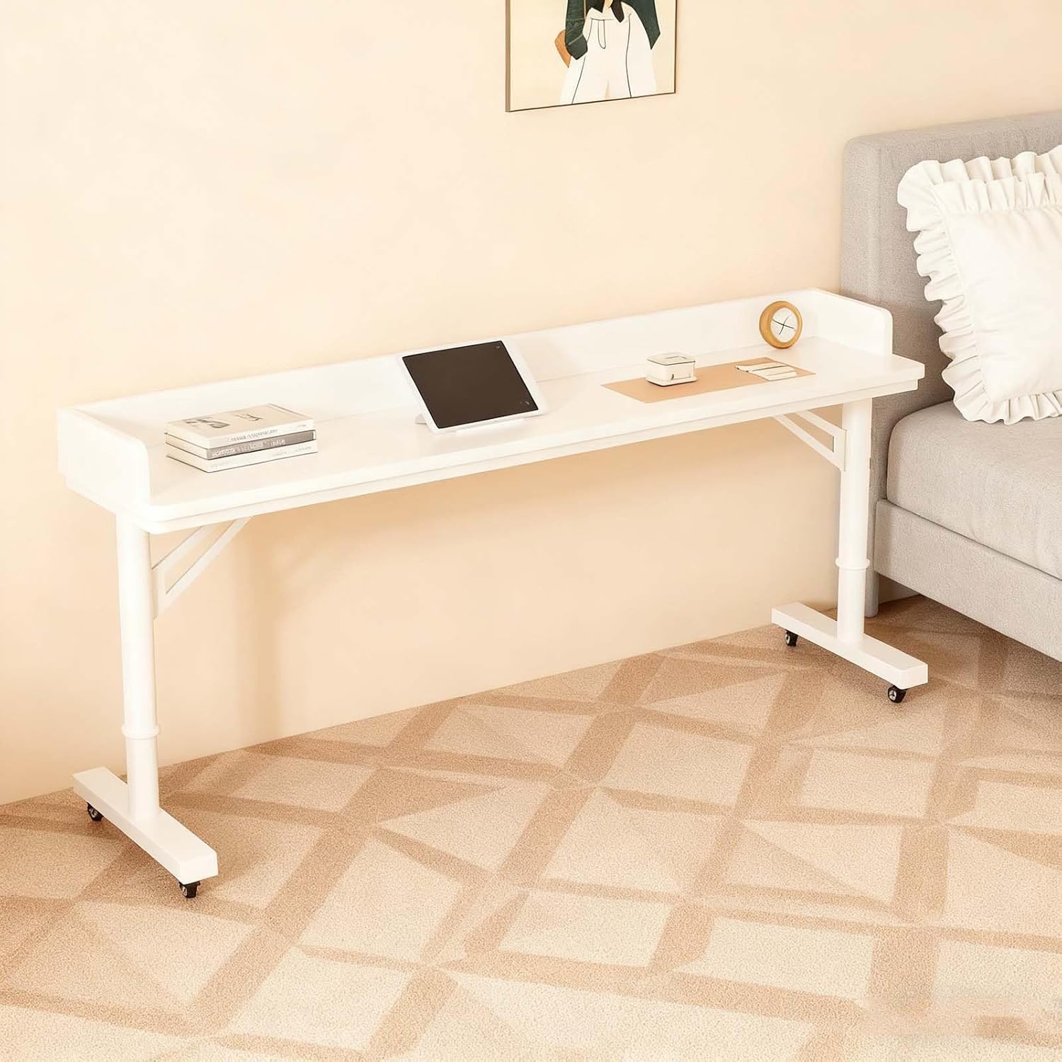 Over The Bed Table with Wheels - Adjustable Height Desk, Rolling Mobile Laptop Cart for Bedroom Work, King Size Beds(120 * 40 * 68cm)