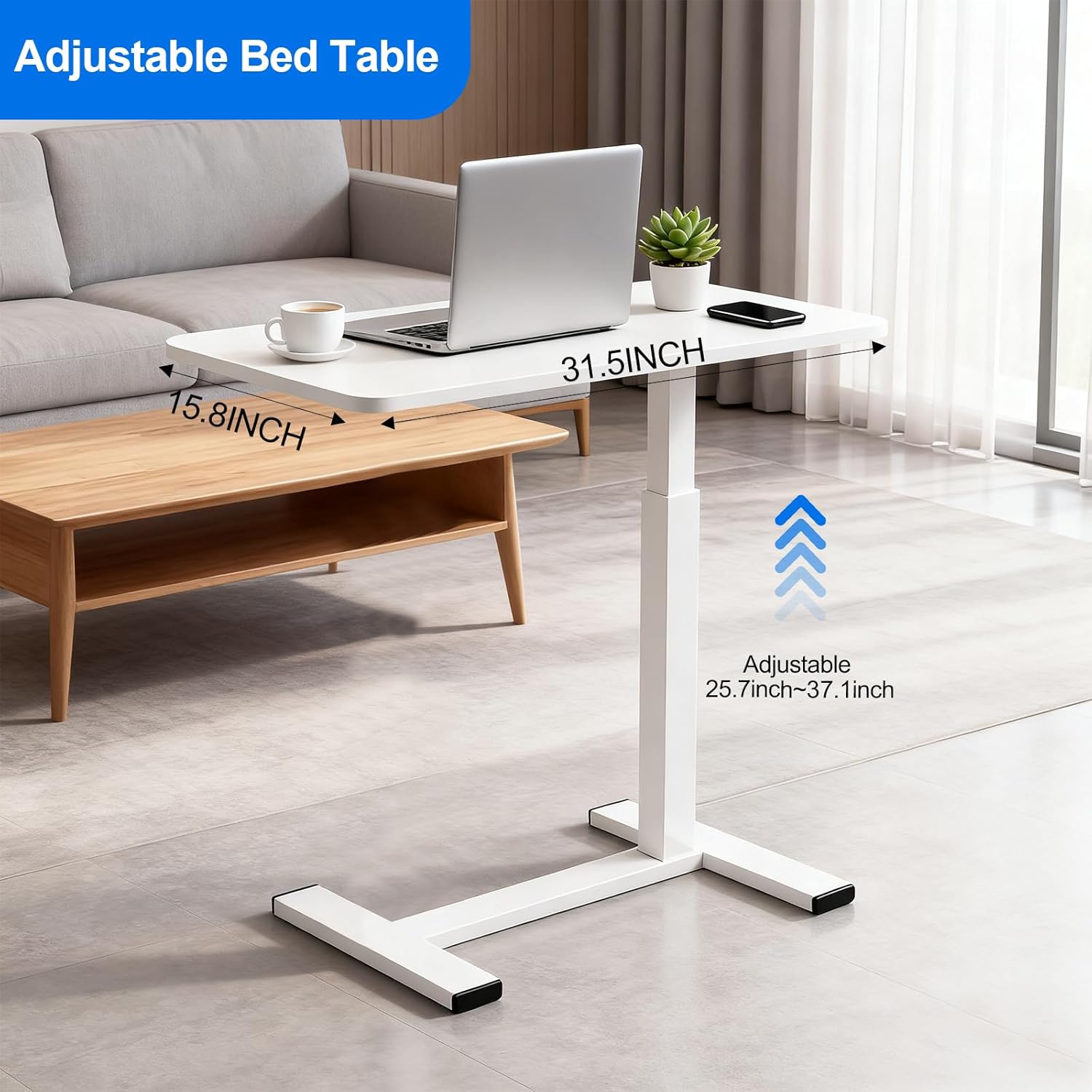 15.8''Wx31.5'D'x37.1''H Pneumatic Hospital Bed Table Adjustable End Table, Overbed Bedside Table with Wheels,Rolling Bedside Desk,Medical Desk Laptop Cart for Hospital Home Use,White