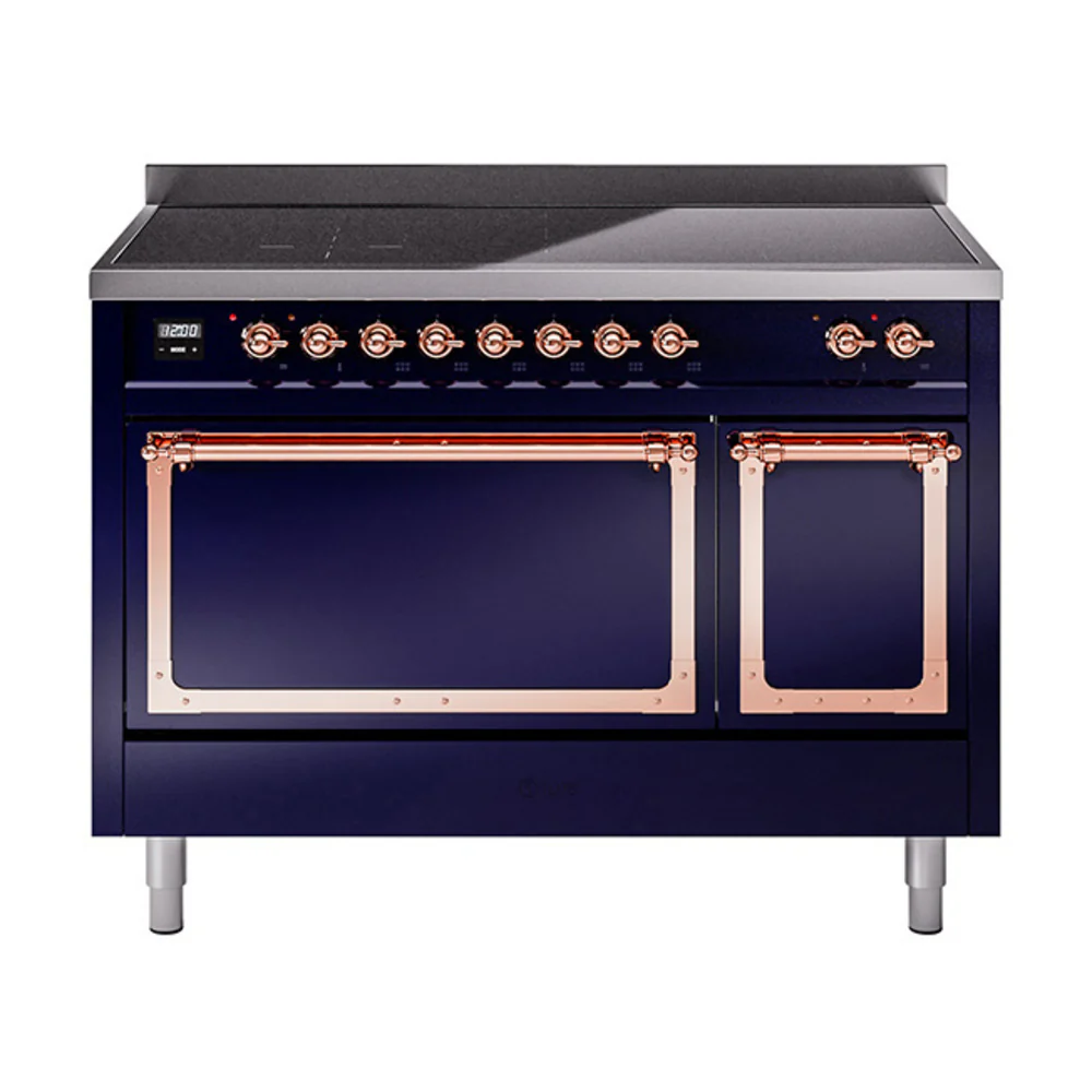 ILVE Nostalgie II Noblesse 48-Inch Induction Range with Solid Door Oven in Midnight Blue with Copper Trim (UNI486QNMPMBP)
