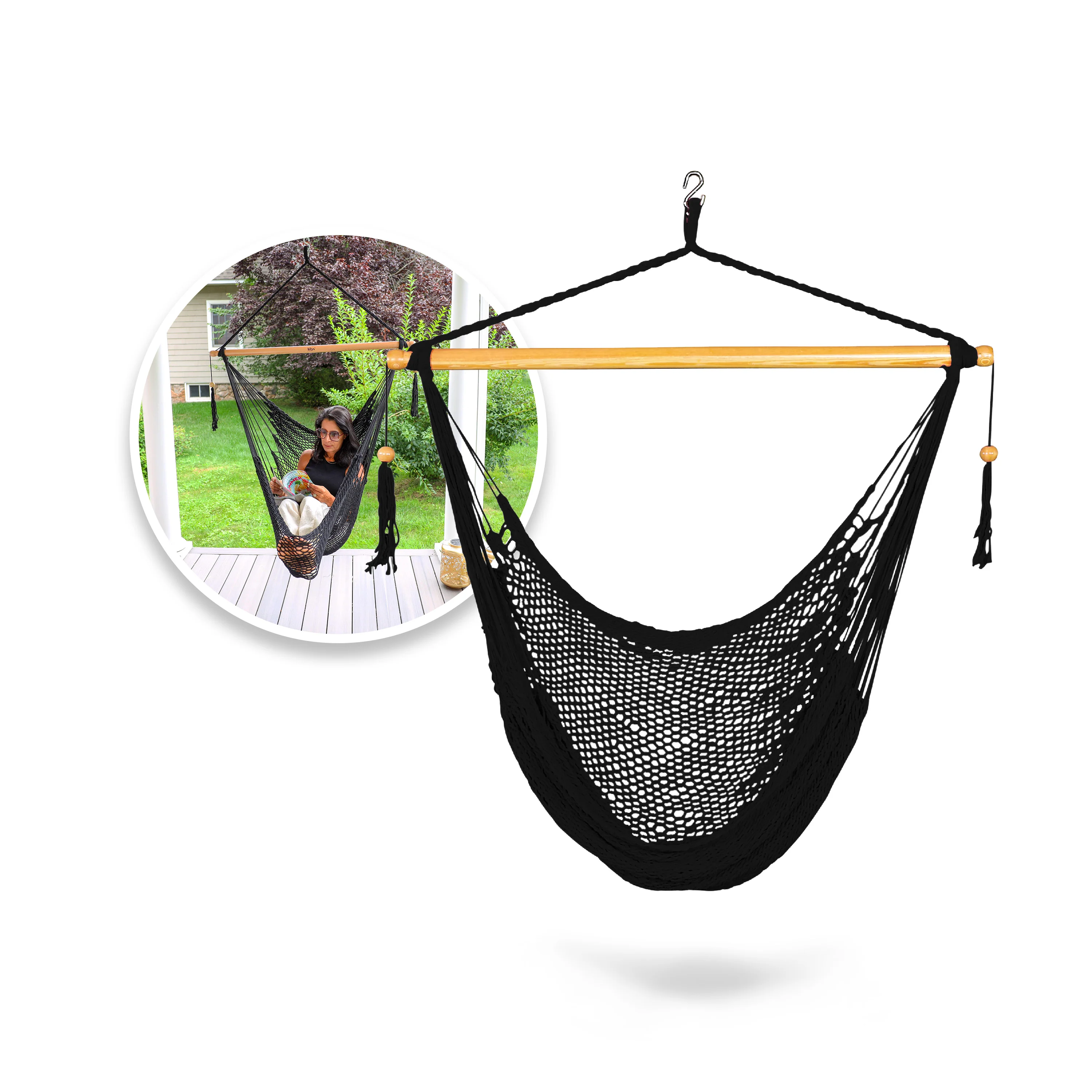 Bliss Hammocks BHC-412BLK Island Rope Hammock Chair w/ Spreader Bar & Hanging Hardware | 40-in. Wide | 265 Lb. Capacity (Black)