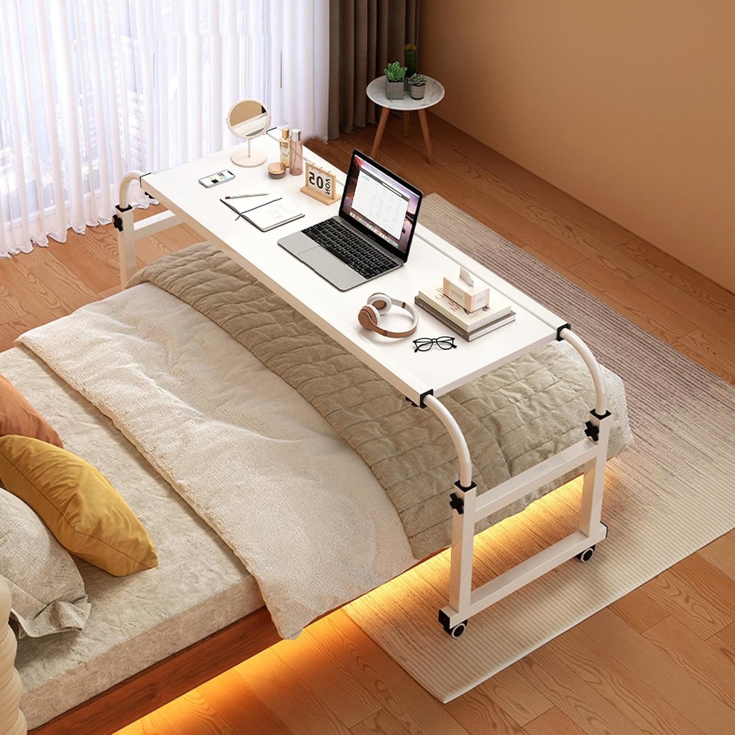 Overbed Desk, Overbed Table with Wheels, Rolling Desk Over Bed Adjustable Height, Queen Size Mobile Computer Desk, Over Bed Desk Rolling Medical Table, for Hospital and Home