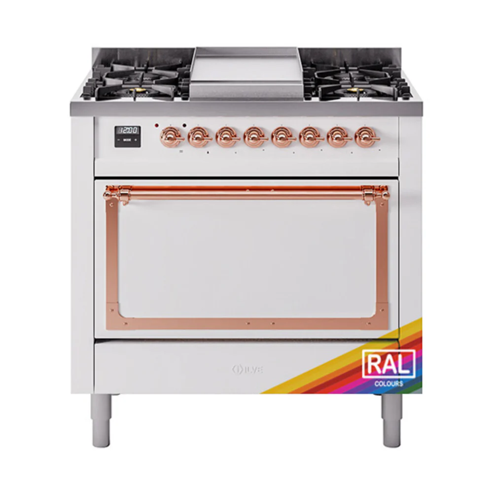 ILVE Nostalgie II Noblesse 36-Inch Dual Fuel Range and Solid Door Oven in Custom RAL with Copper Trim (UN36FQNMPRAP)