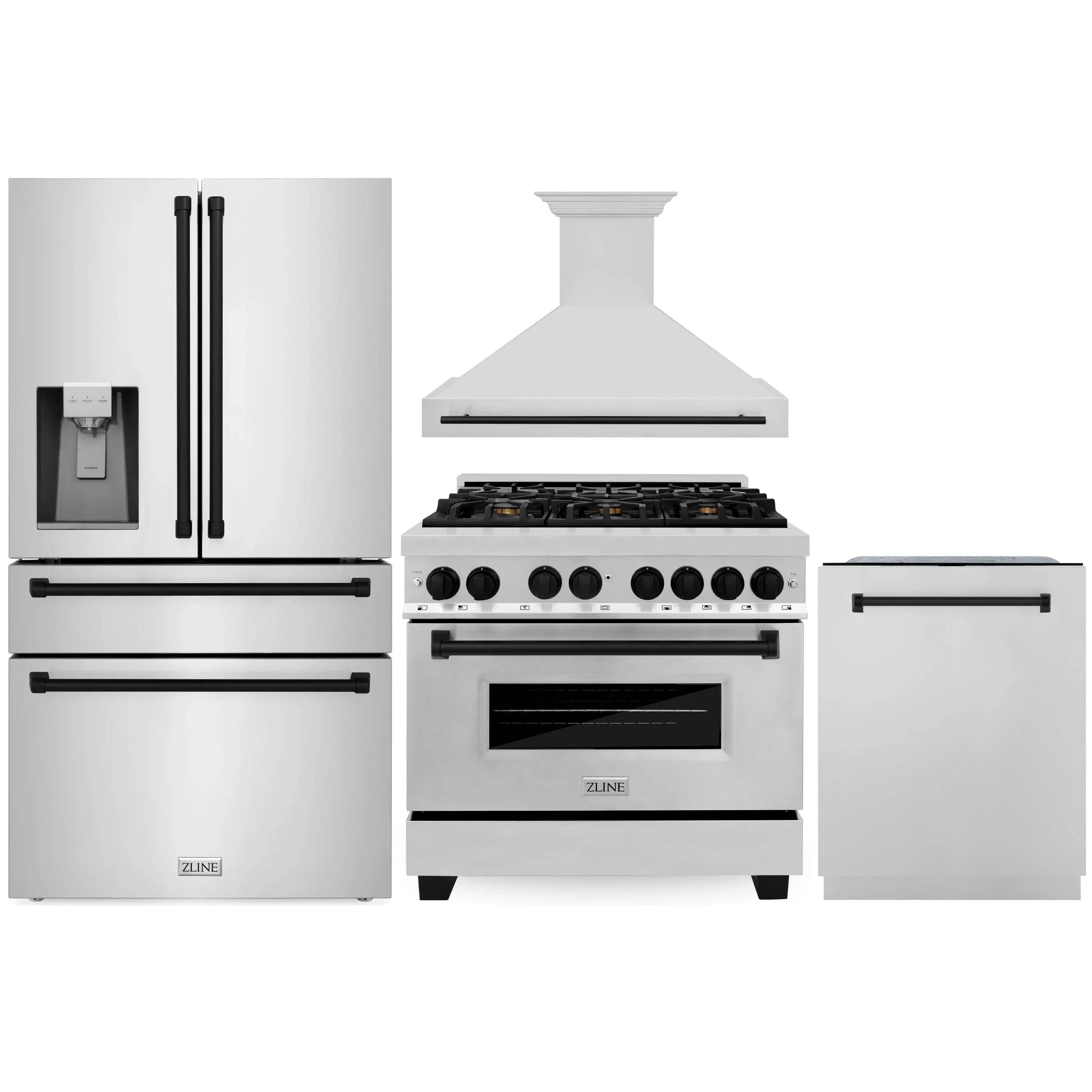ZLINE Autograph Edition 4-Piece Appliance Package - 36-Inch Dual Fuel Range, Refrigerator with Water Dispenser, Wall Mounted Range Hood, & 24-Inch Tall Tub Dishwasher in Stainless Steel with Matte Black Trim (4AKPR-RARHDWM36-MB)