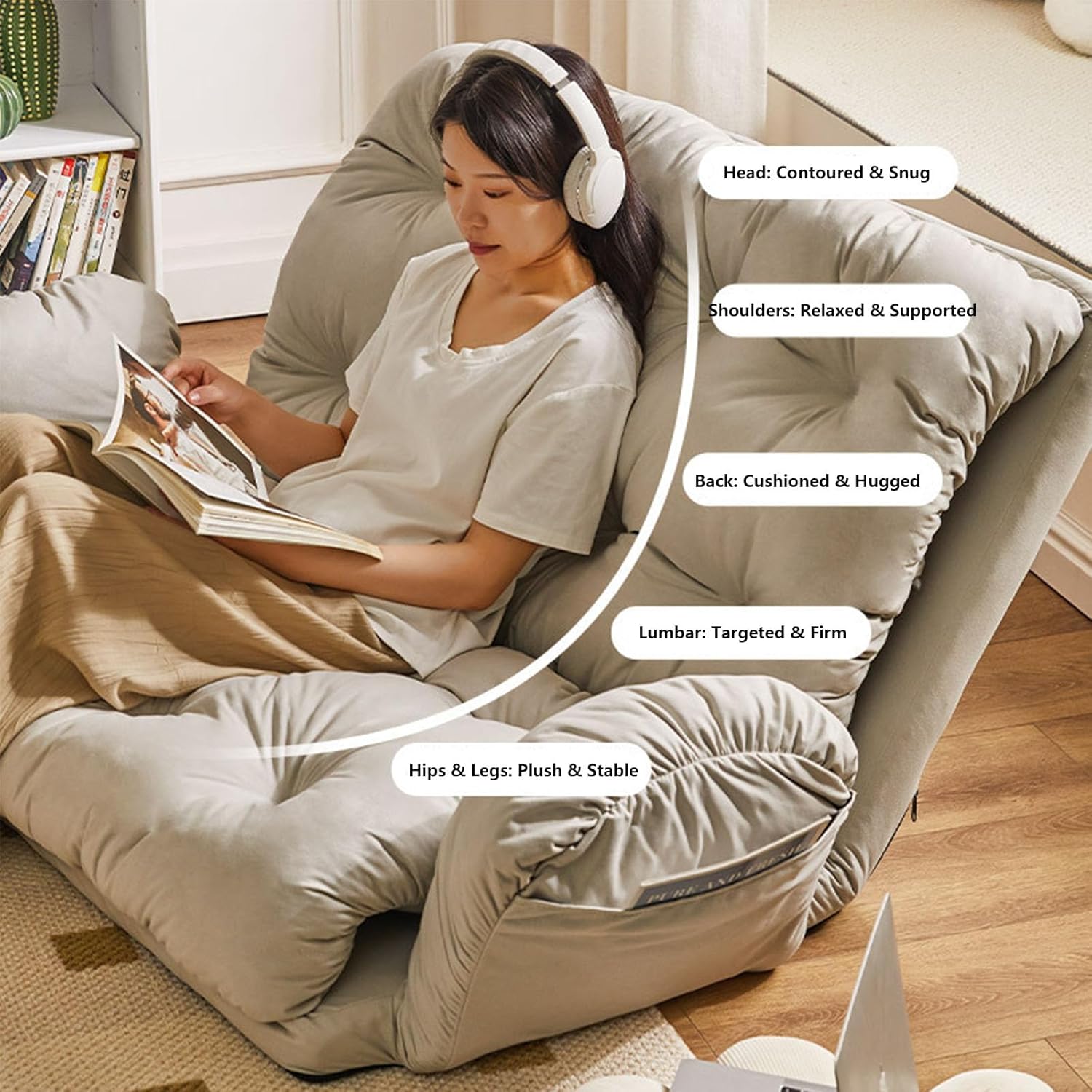 6-Position Adjustable Lazy Sofa, Fluffy-Tech Fabric Recliner with Padded Armrests, Ergonomic Dual-Zone Support Freestanding Lounge Chair for Bedroom & Living Room