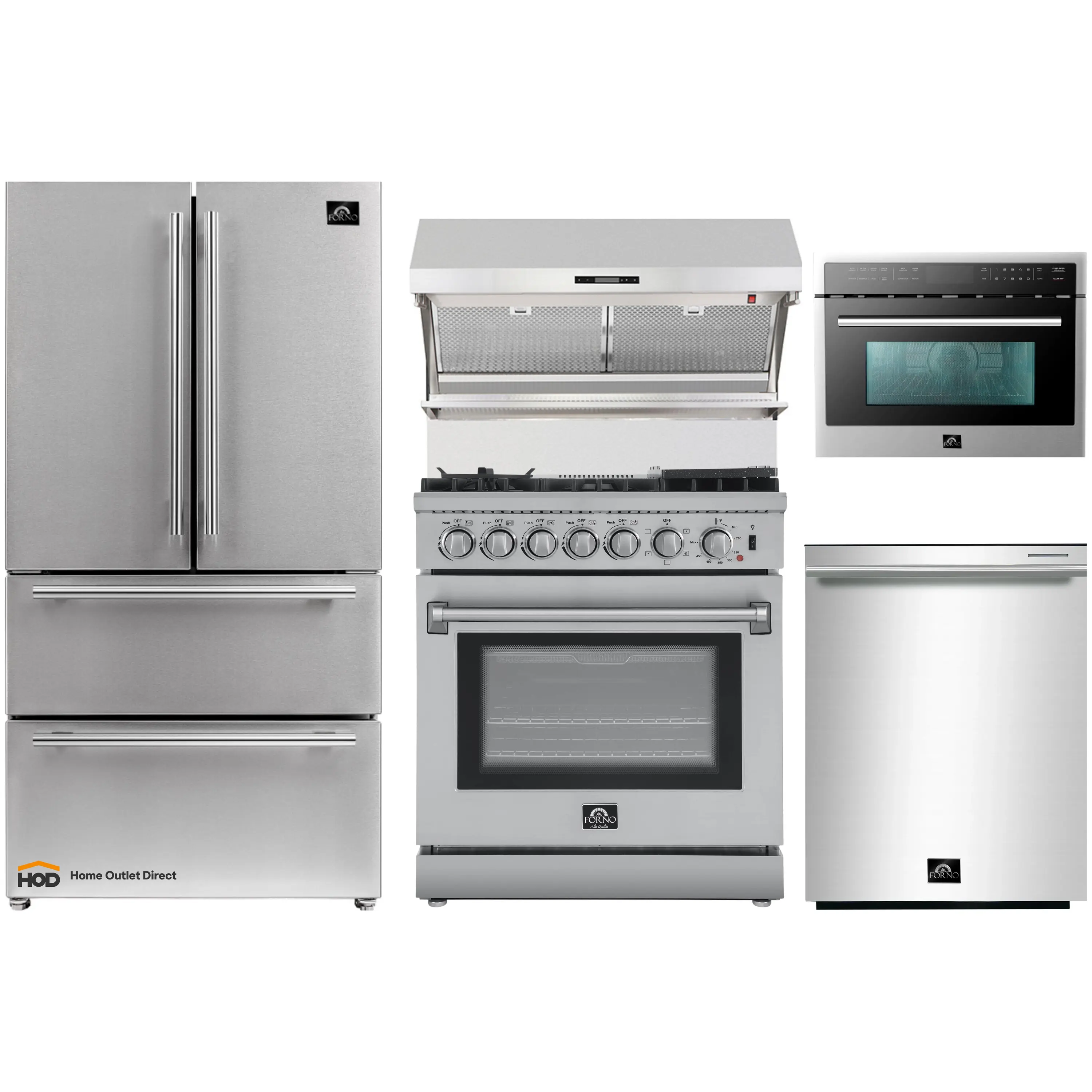 Forno 5-Piece Appliance Package - 30-Inch Dual Fuel Range with Air Fryer, Refrigerator, Wall Mount Hood with Backsplash, 24-Inch Microwave Oven, & 3-Rack Dishwasher in Stainless Steel