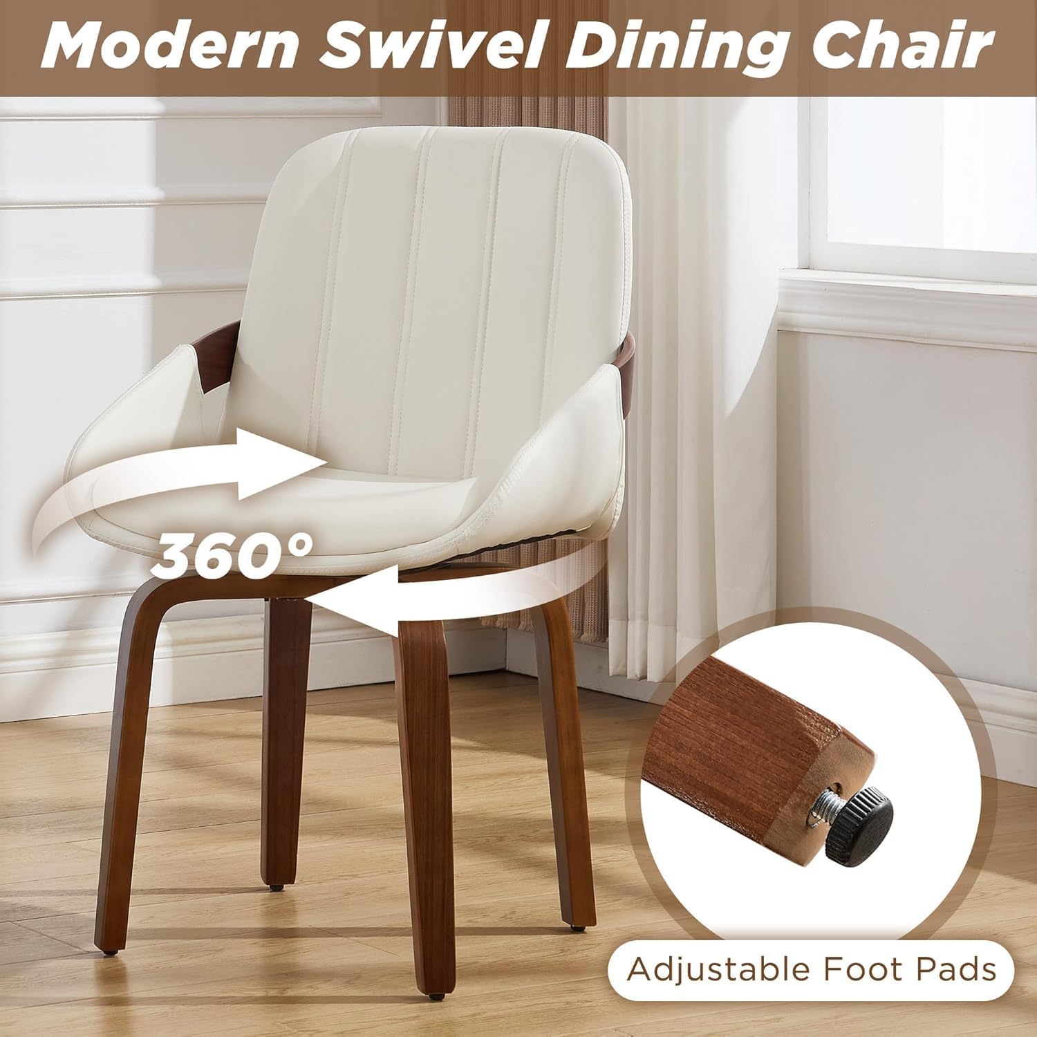 Swivel Dining Chairs,Faux Leather Dining Room Chairs with Arms, Mid Century Modern Upholstered Kitchen Vanity Accent Chair, Walnut Backrest Support & Sturdy Wood Legs (White, Set of 2)