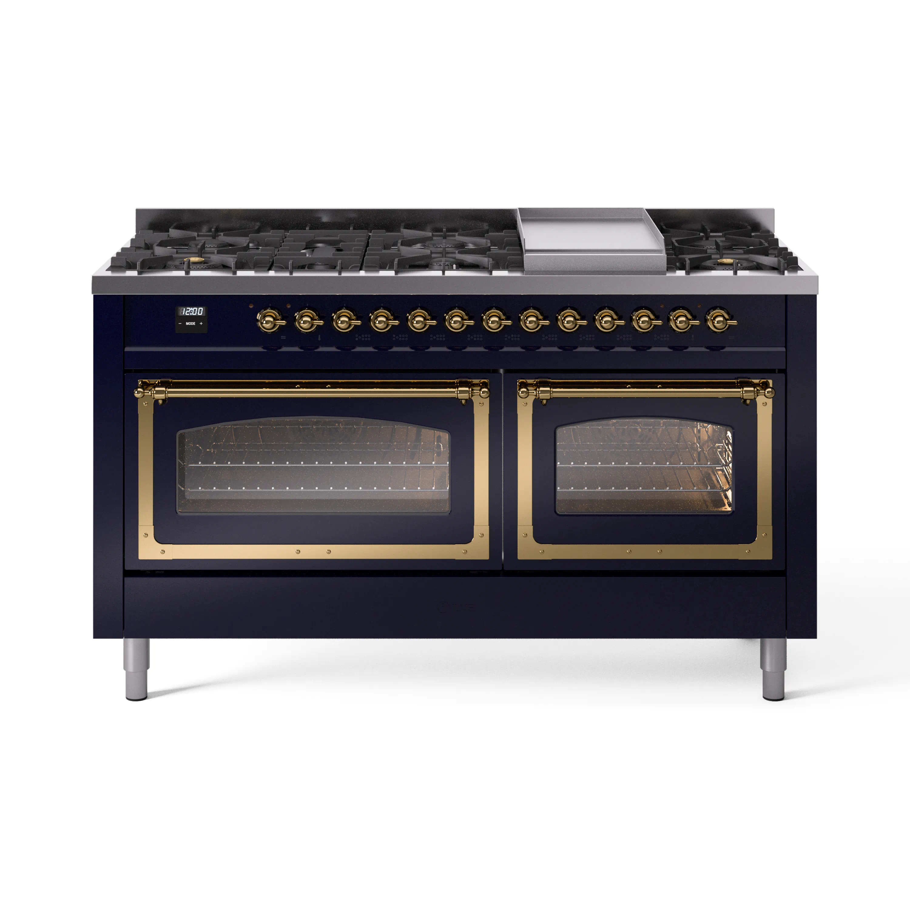 ILVE 60-Inch Nostalgie II Noblesse Dual Fuel Range with 9 Sealed Burners, Griddle, Triple Glass Door Oven in Midnight Blue with Brass Trim (UN60FNMPMBG)