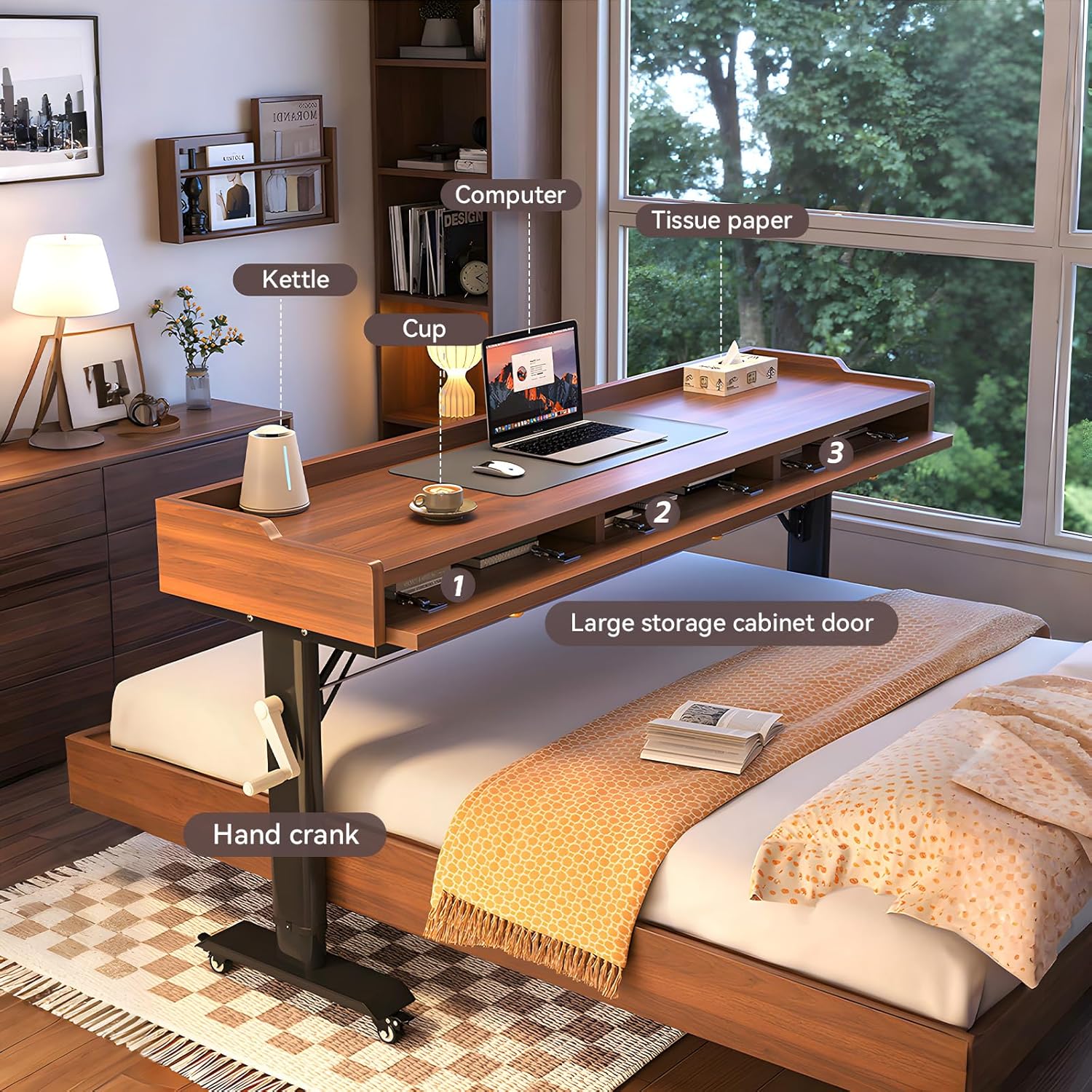 Over Bed Desk, Adjustable Height Overbed Table with Wheels & Hand Crank, Giant Portable Desk Over Bed for Laptop, Reading & Home Office, Fits Twin/Full/Queen/King Beds