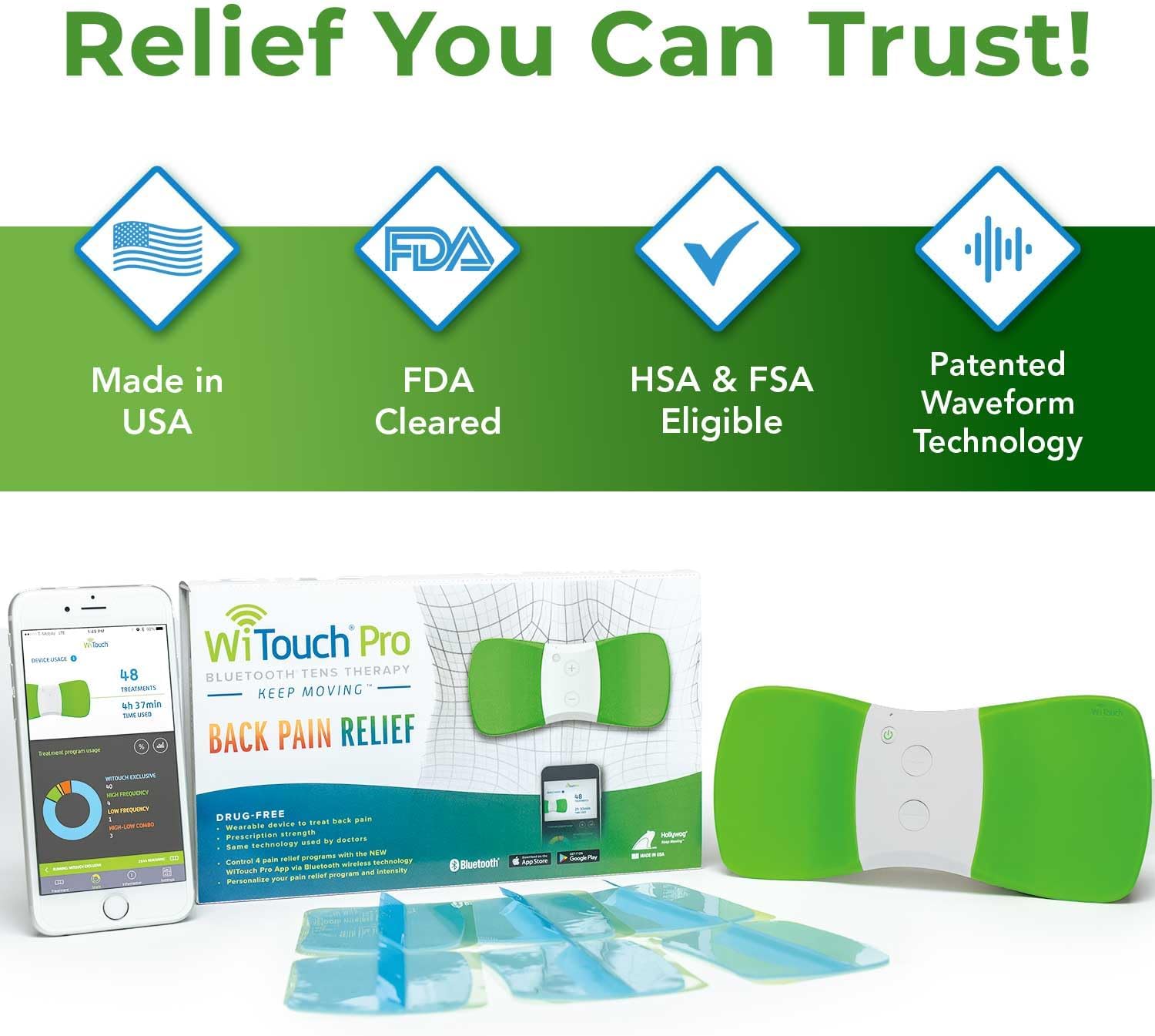 WiTouch Pro Bluetooth TENS Unit – Wireless Lower Back Pain Relief Device | FDA-Cleared, Drug-Free, Wearable & Discreet | 15 Intensity Levels + App Control | Includes 3 Pairs Gel Pads