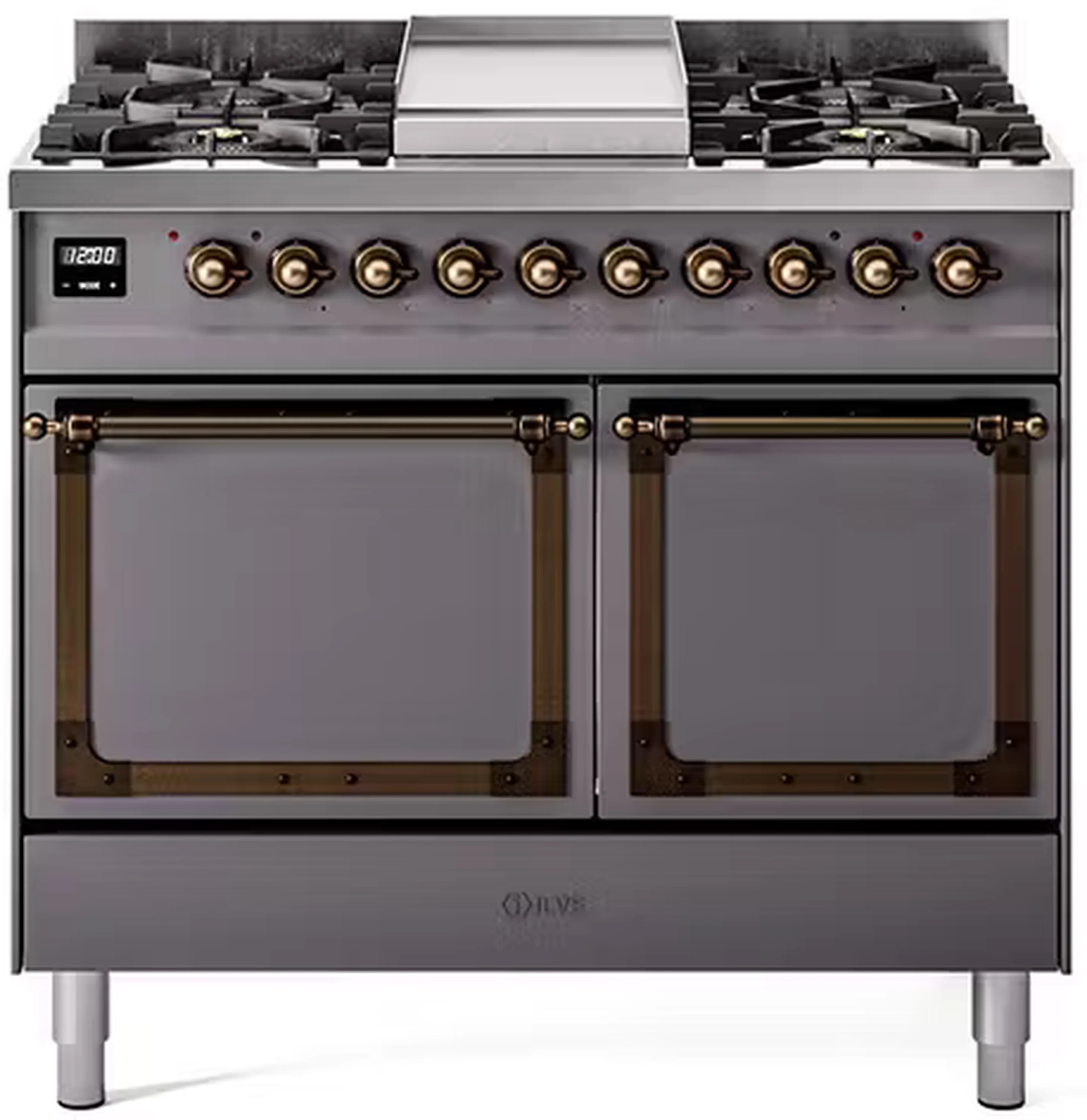 ILVE 40-Inch Nostalgie II Noblesse Dual Fuel Range with Solid Door Oven in Matte Graphite with Bronze Trim (UND40FQNMPMGB)
