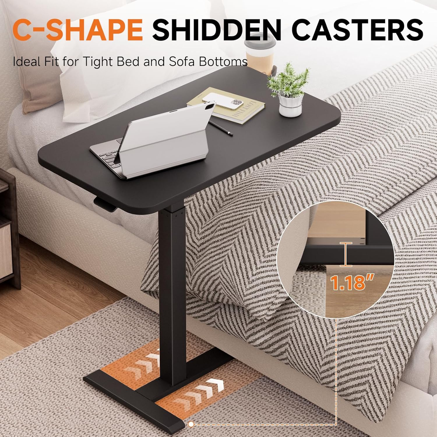 COMHOMA Adjustable Overbed Bedside Table with Wheels, Pneumatic Mobile Rolling Laptop Desk, Height Adjustable Standing Desk Bed Table for Hospital and Home Use (32