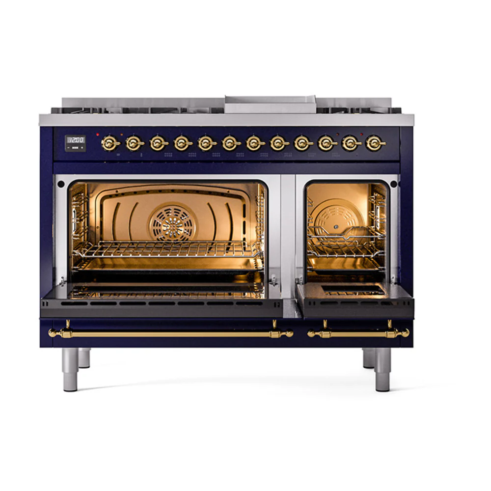ILVE 48-Inch Nostalgie II Dual Fuel Range with 8 Burners, Griddle, and Solid Door Oven in Midnight Blue with Brass Trim (UP48FQNMPMBG)