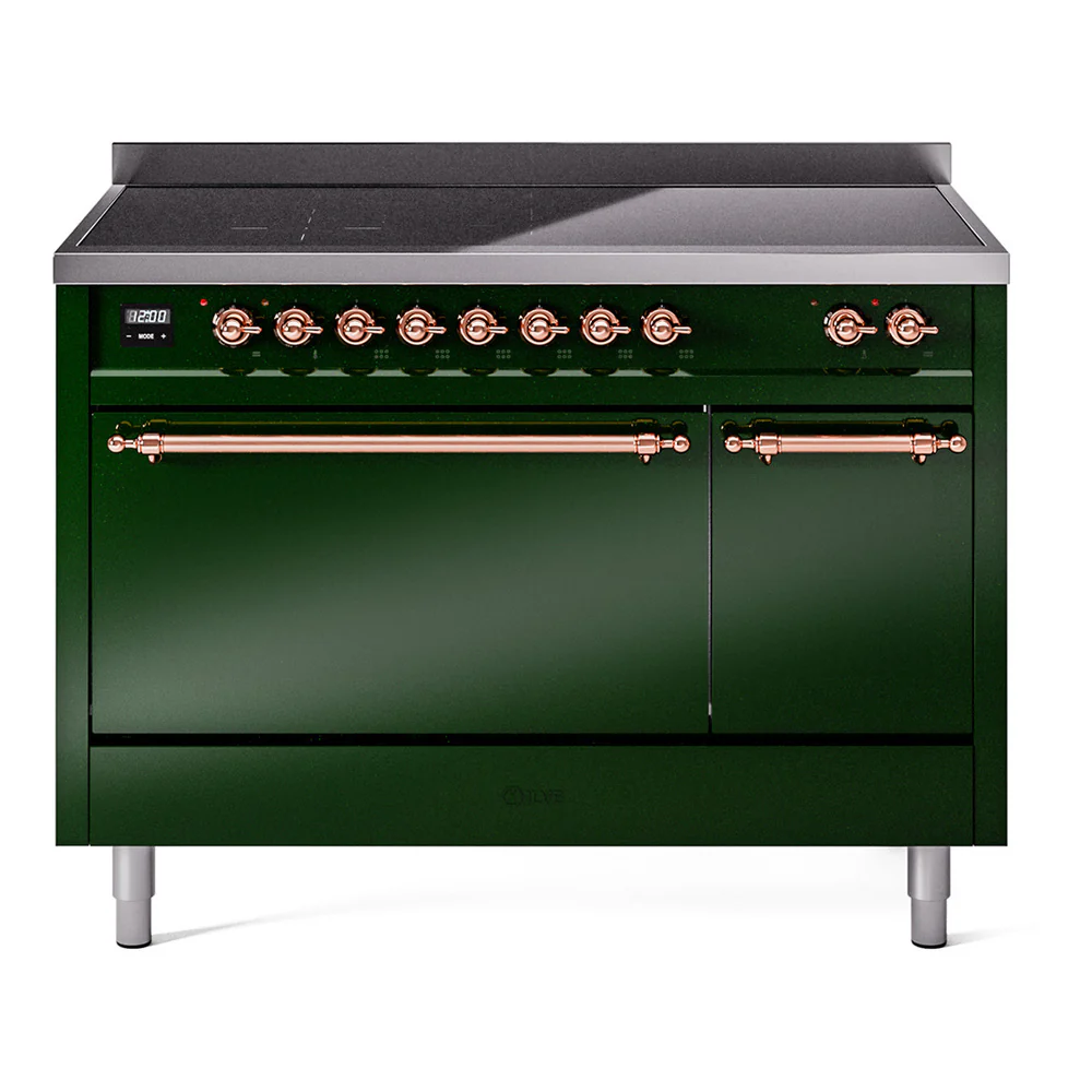 ILVE 48-Inch Nostalgie II Induction Range with Solid Door Oven in Emerald Green with Copper Trim (UPI486QNMPEGP)
