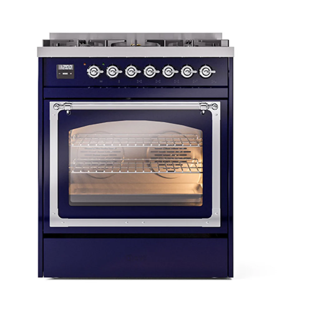 ILVE Nostalgie II Noblesse 30-Inch Dual Fuel Range with Triple Glass Door in Midnight Blue with Chrome Trim (UN30NMPMBC)