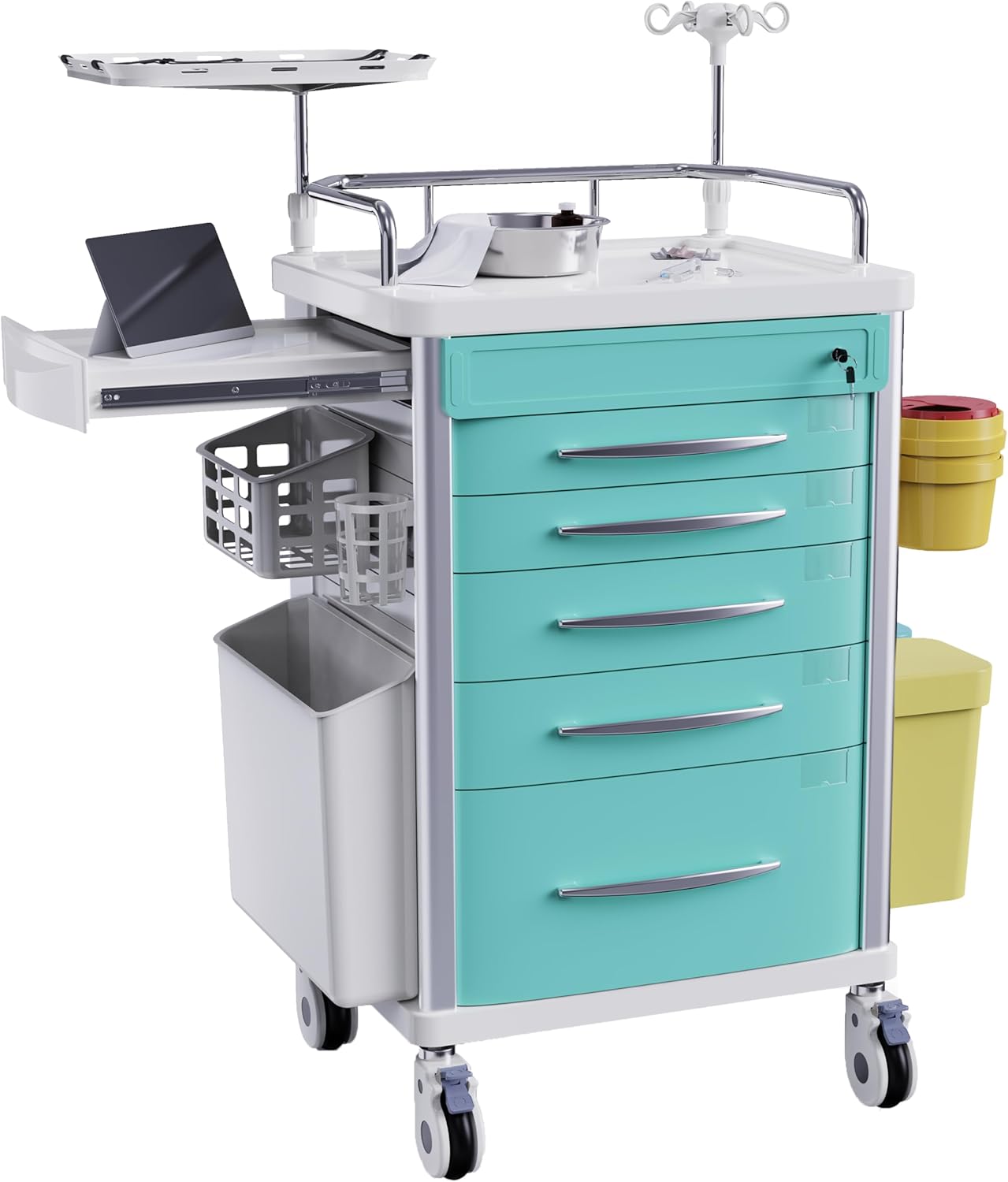 Rolling Crash Cart Medical with Drawers - Adjustable IV Pole, Silent Casters, Needle Disposal Holder, Trash Bin, O2 Holder, Utility Trolley Cart for Clinic, Hospital, Salon, Lab