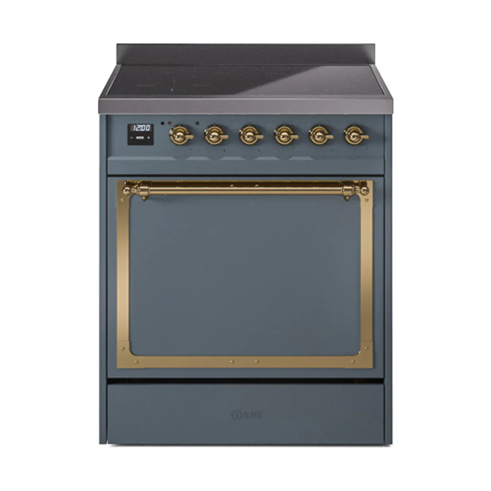 ILVE 30-Inch Nostalgie II Noblesse Induction Range with Solid Door Oven in Blue Grey with Brass Trim (UNI304QNMPBGG)