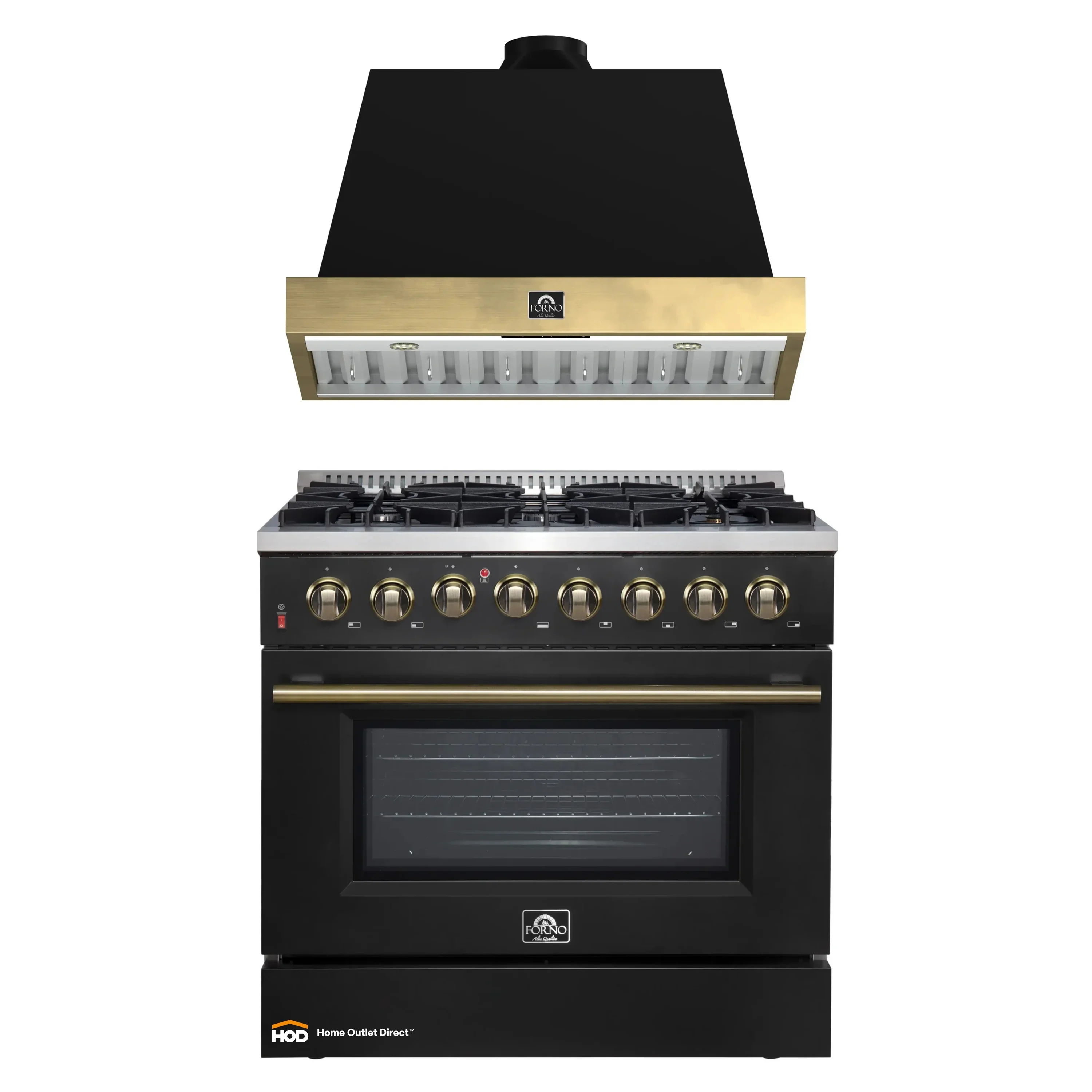 Forno Galiano 2-Piece Appliance Package - 36-Inch Dual Fuel Range & 36-Inch Wall Mount Range Hood in Black with Antique Brass Trim