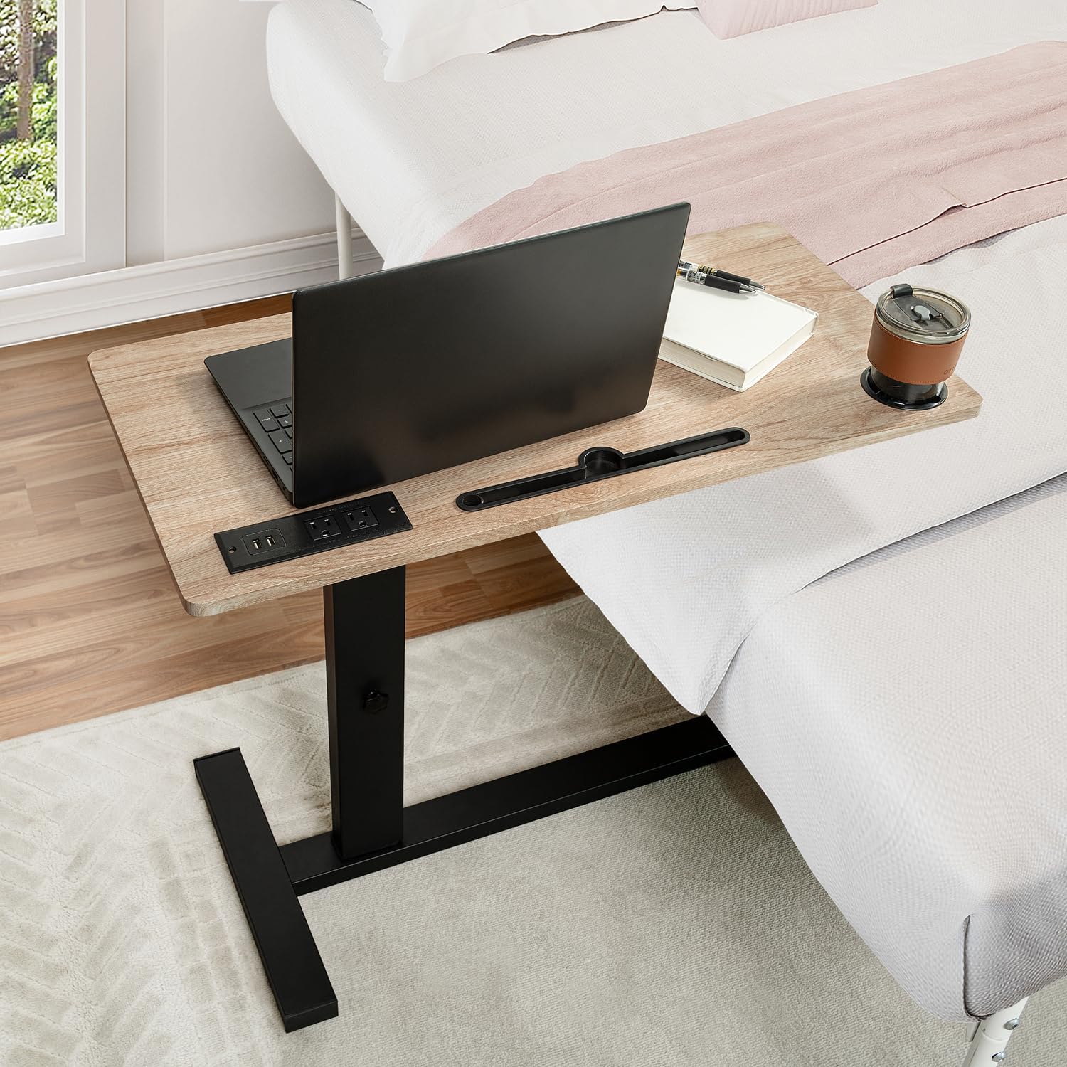 Naomi Home Tamara Adjustable Bed Desk with Wheels – Heavy-Duty Rolling Laptop Table with USB & C-Type Charging, Cup Holder and Hidden Casters Natural,Black