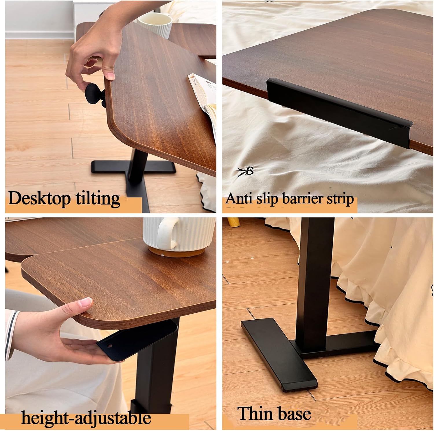 ELQ Adjustable Over Bed Table with Hidden Casters, Tiltable Hospital Bed Table with Wheels, Rolling Laptop Desk for Home, Office, Study, Walnut（27.6