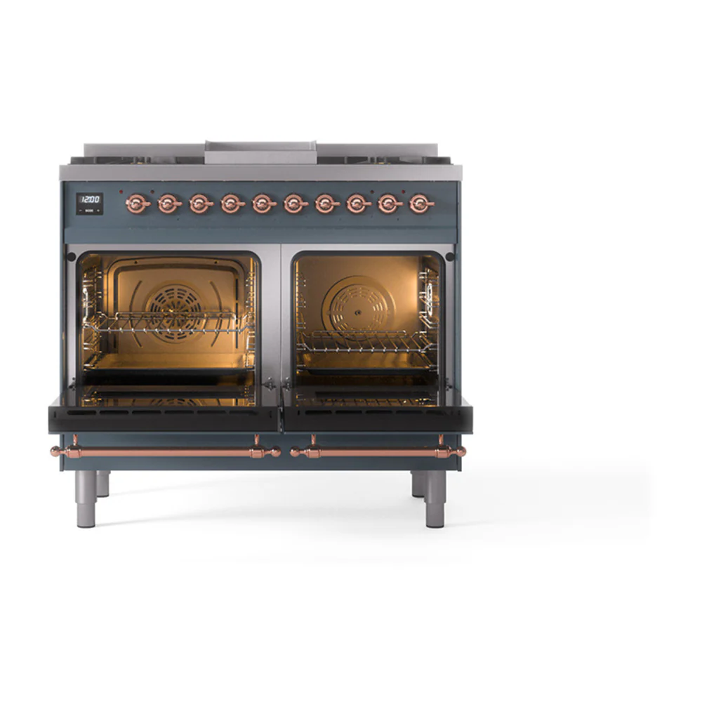 ILVE 40-Inch Nostalgie II Dual Fuel Range with 6 Burners, Griddle and Solid Door Oven in Blue Grey with Copper Trim (UPD40FQNMPBGP)