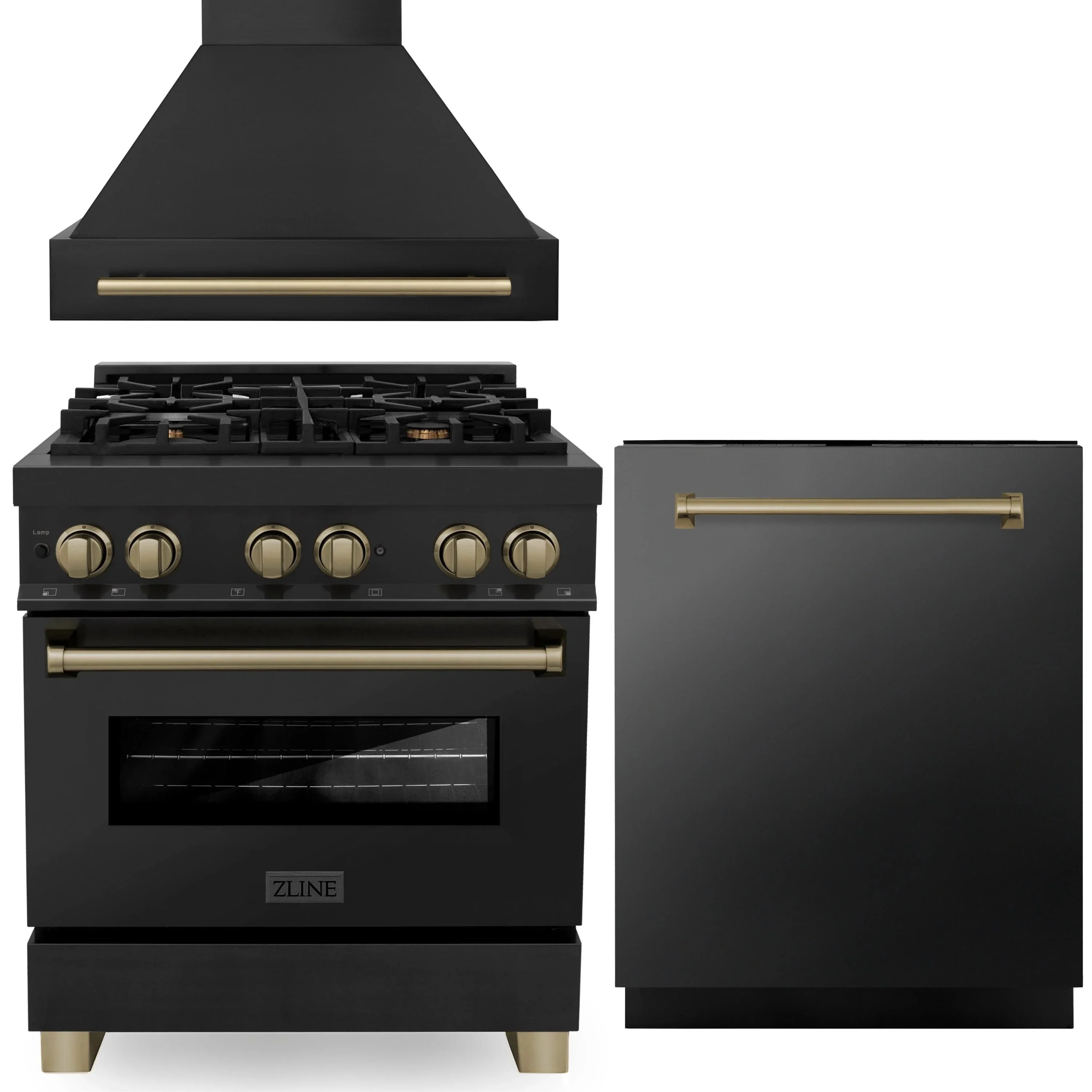 ZLINE Autograph Edition 3-Piece Appliance Package - 30-Inch Dual Fuel Range, Wall Mounted Range Hood, & 24-Inch Tall Tub Dishwasher in Black Stainless Steel with Champagne Bronze Trim (3AKP-RABRHDWV30-CB)