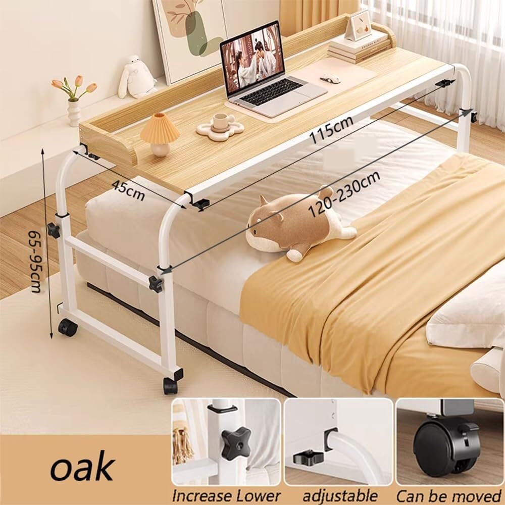 Overbed Bedside Table with Rolling Wheels Mobile Over Bed King Queen Laptop Food Tray Desk Rolling Medical Tablestanding Workstation Height/Widthadjustable(Wood Grain)