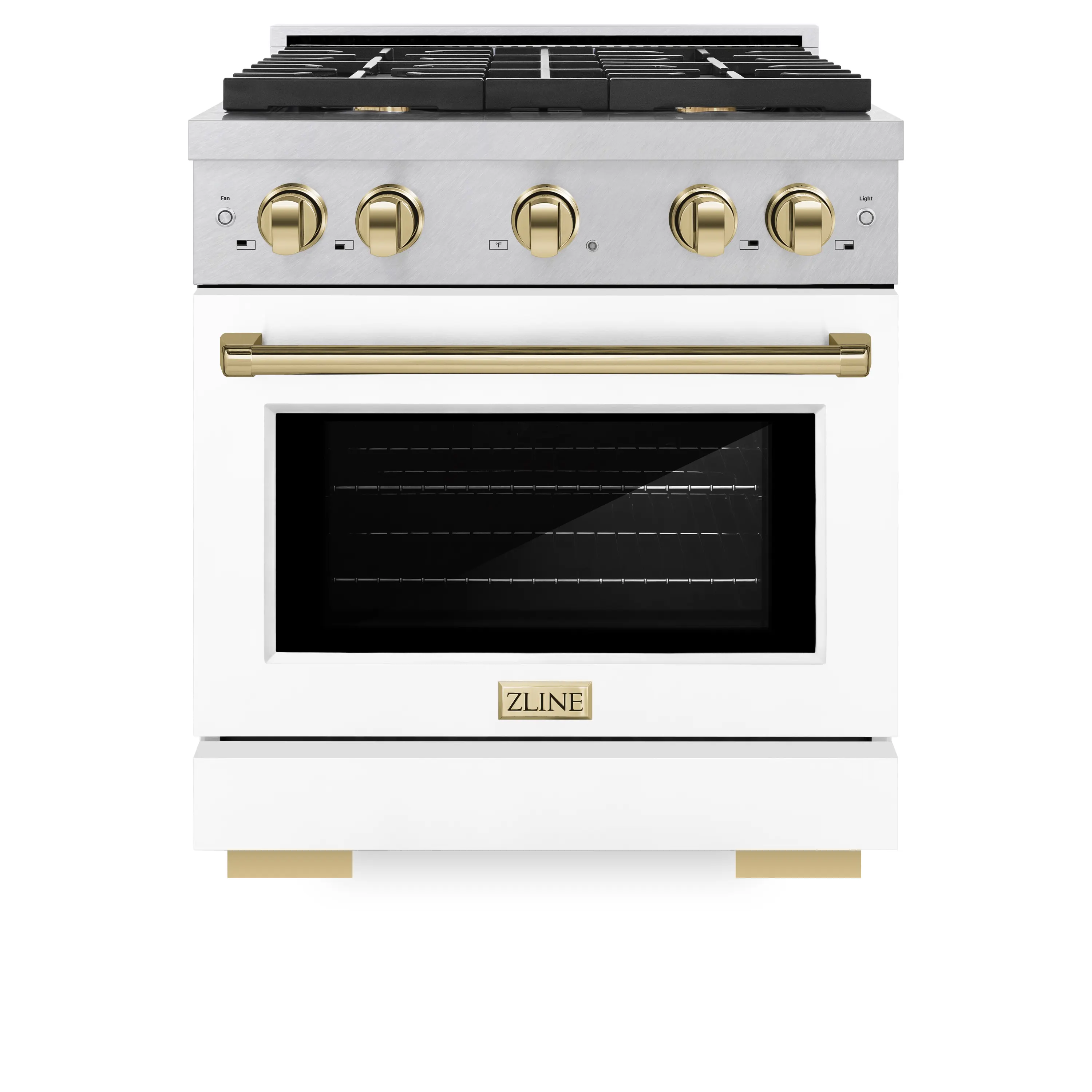 ZLINE Autograph Edition 30-Inch 4.2 cu. ft. Paramount Dual Fuel Range with 4 Burner Gas Cooktop and Electric Convection Oven in Satin Stainless Steel with White Matte Door and Polished Gold Accents (SDRSZ-WM-30-G)
