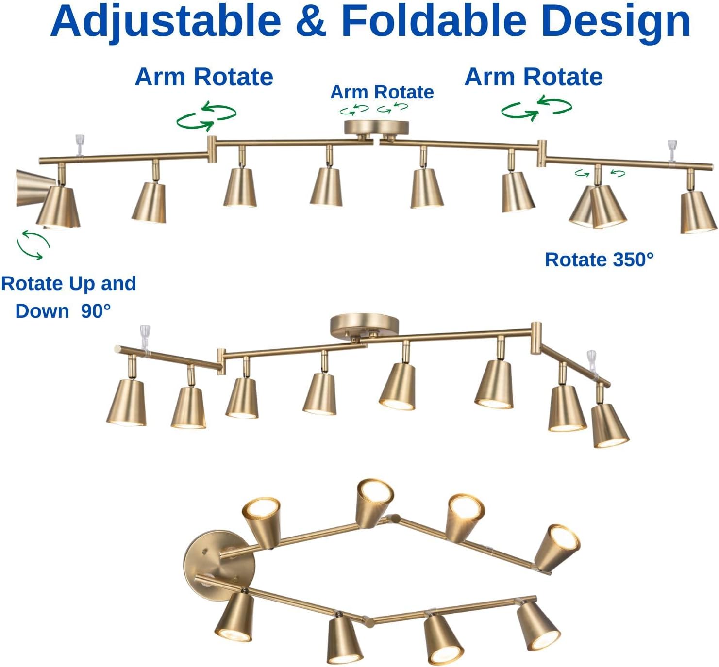 8 Light LED Track Lighting Kit, Matte Brass Adjustable with Moden Flush Mount Ceiling Spotlight,GU10 Socket Bulbs,Flexible Foldable Arms for Kitchen,Dining,Living Room, Bedroom