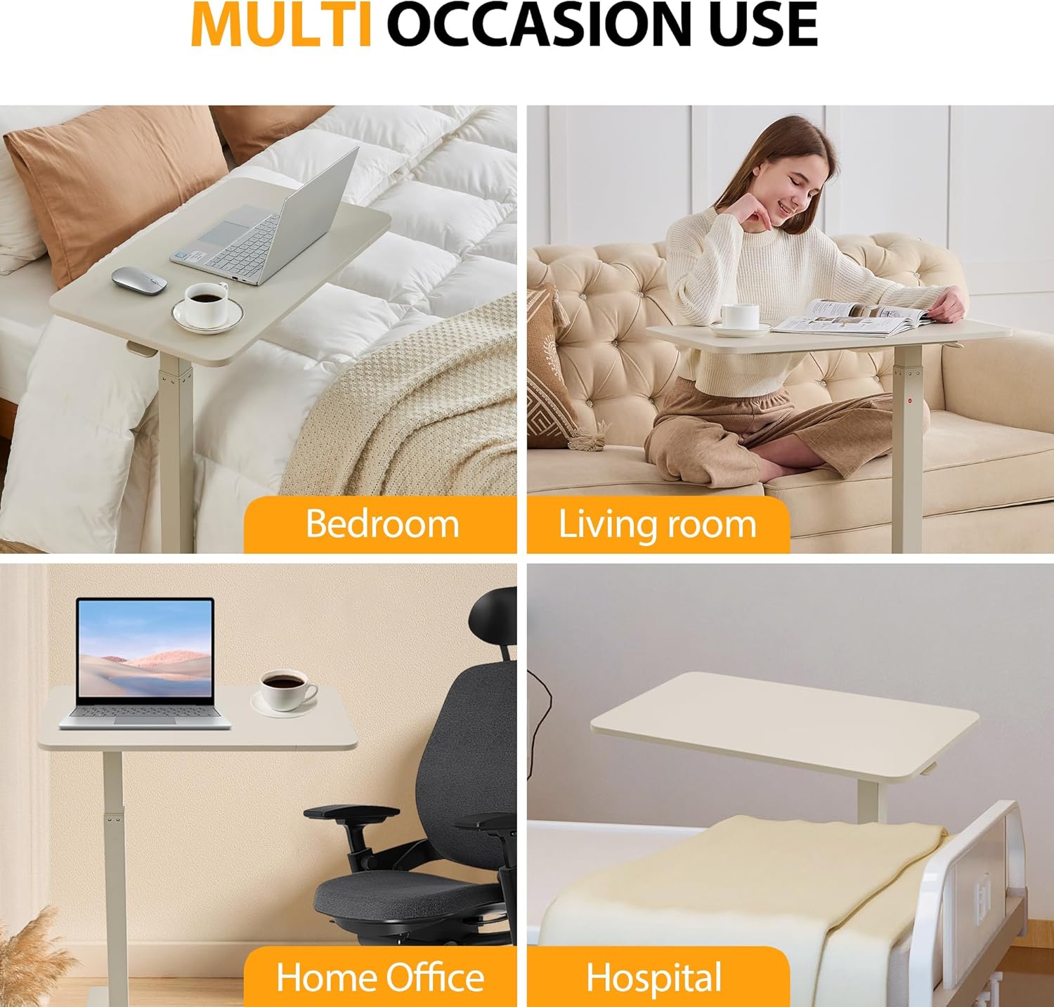 Overbed Table with Hidden Wheels, Height Adjustable Medical Bed Table Hospital Bedside Table, 28