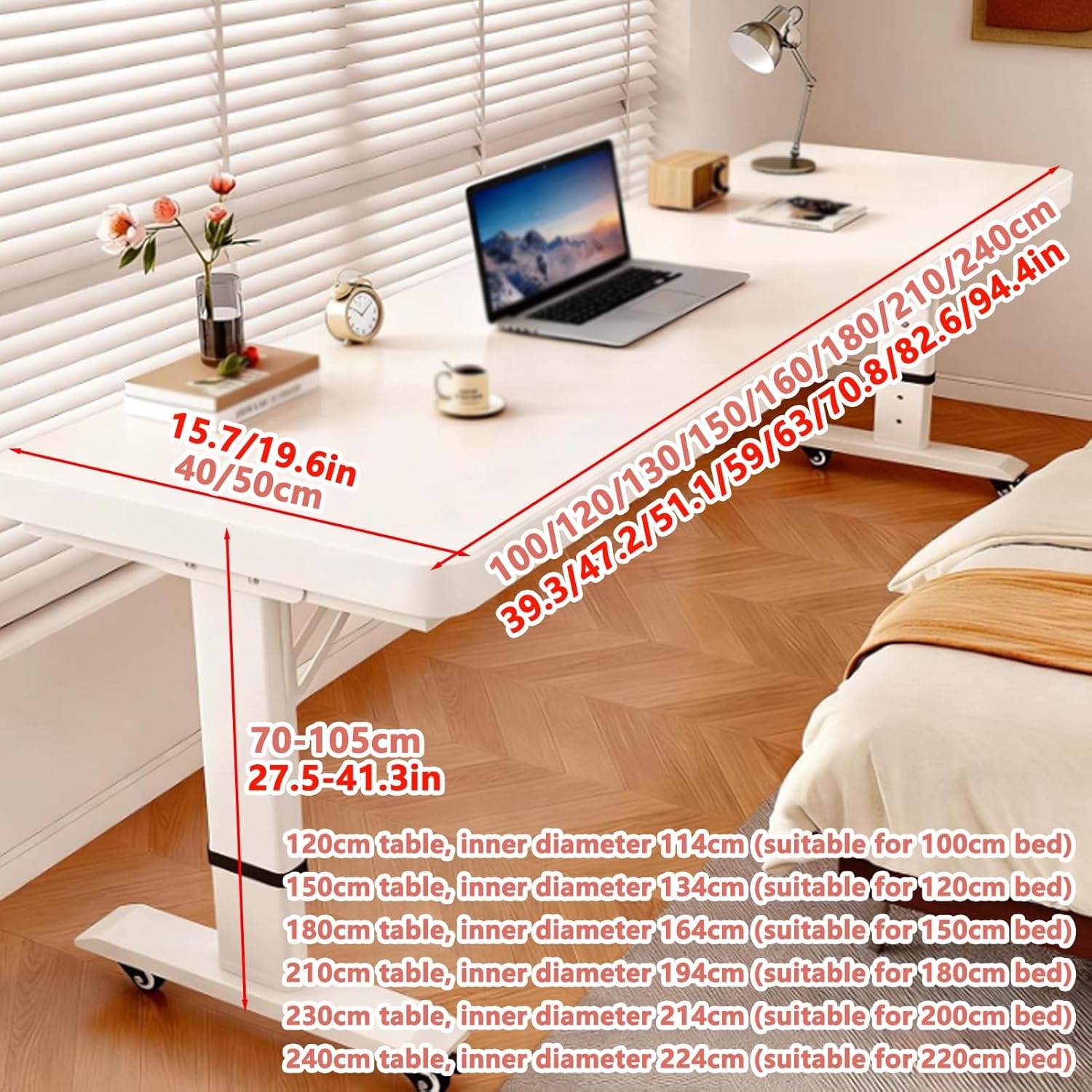 Height Adjustable Overbed Table, Over The Bed Table with Wheels, Standing Workstation with Baffle, Wood Standing Office Desk Computer Tables for Work, Study(White,L39.3xW19.6in)