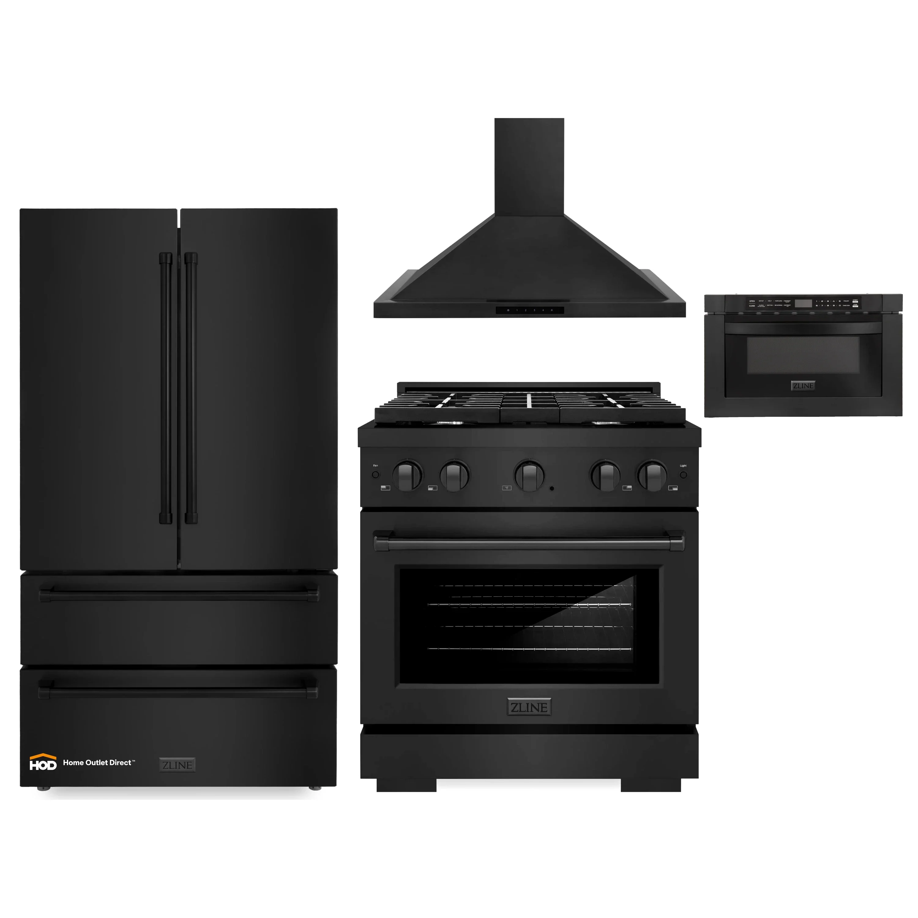 ZLINE 4-Piece Appliance Package - 30-Inch Gas Range, Refrigerator, Convertible Wall Mount Hood, and Microwave Drawer in Black Stainless Steel (4KPR-SGRBRH30-MW)