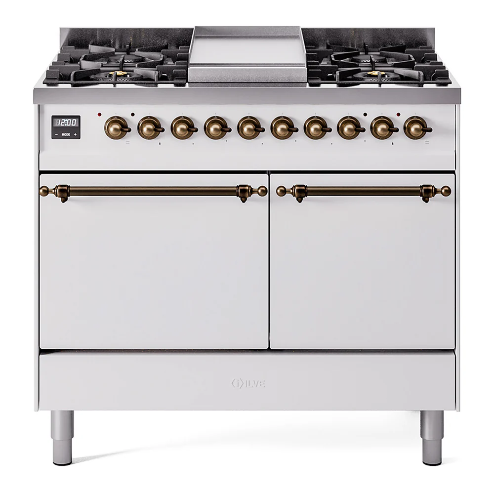 ILVE 40-Inch Nostalgie II Dual Fuel Range with 6 Burners, Griddle and Solid Door Oven in White with Bronze Trim (UPD40FQNMPWHB)