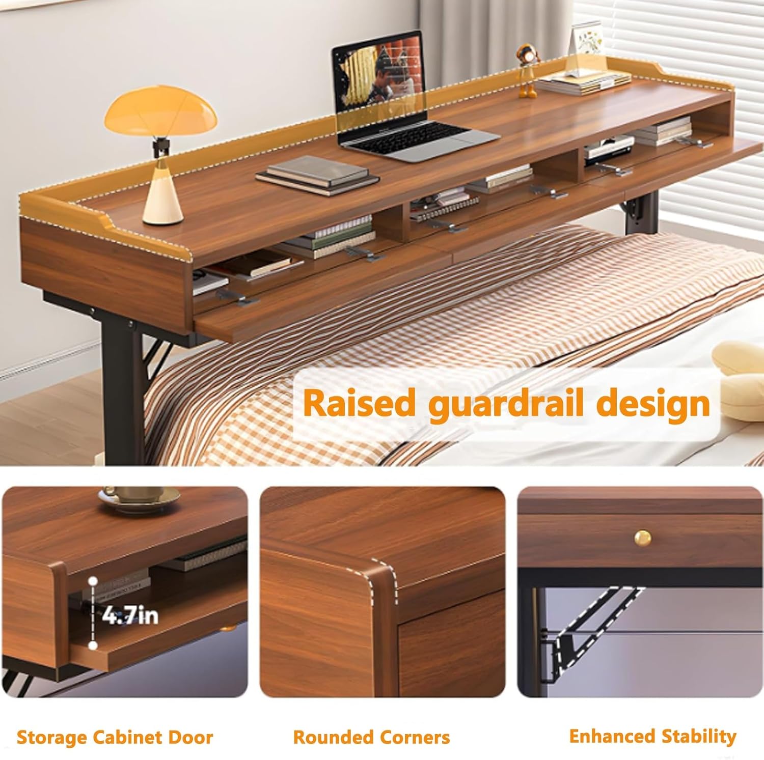 Adjustable Height Overbed Table with Wheels and Hand Crank, Mobile Laptop Cart with Large Capacity Storage, Over Bed Desk Fits Twin/Full/Queen/King Beds(Brown+White,240cm/94.4in)