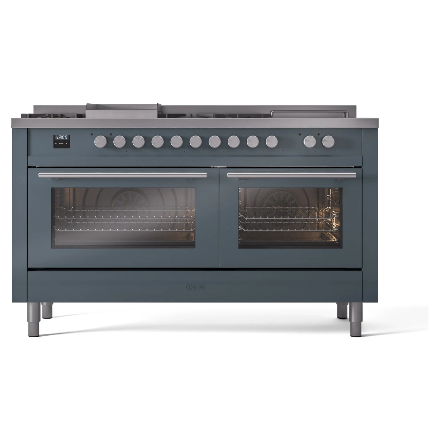 ILVE Professional Plus II 60-Inch Dual Fuel Range with 7 Burners, Griddle, & French Top with Solid Door Oven in Blue Grey (UP60FSQMPBG)