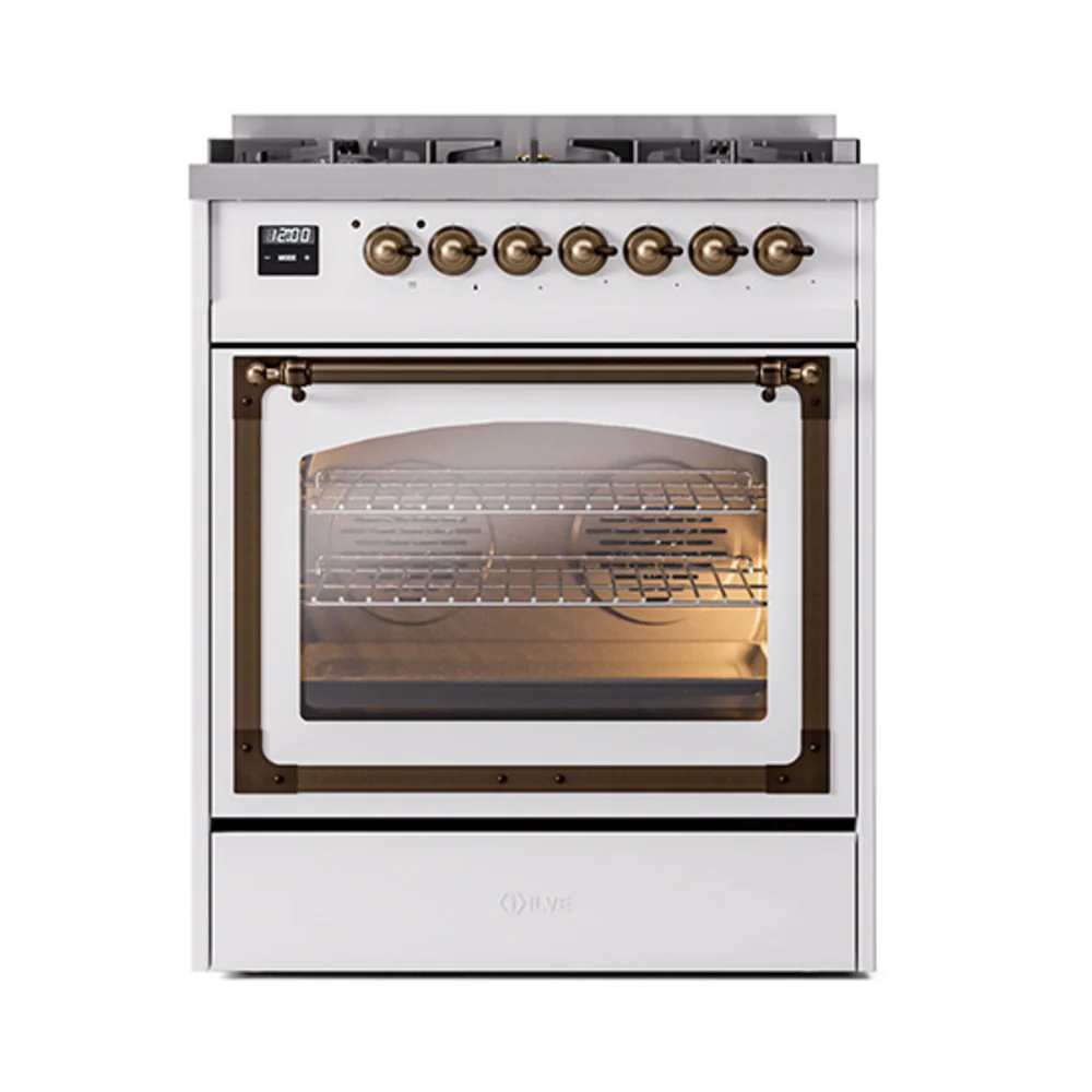 ILVE Nostalgie II Noblesse 30-Inch Dual Fuel Range with Triple Glass Door in White with Bronze Trim (UN30NMPWHB)