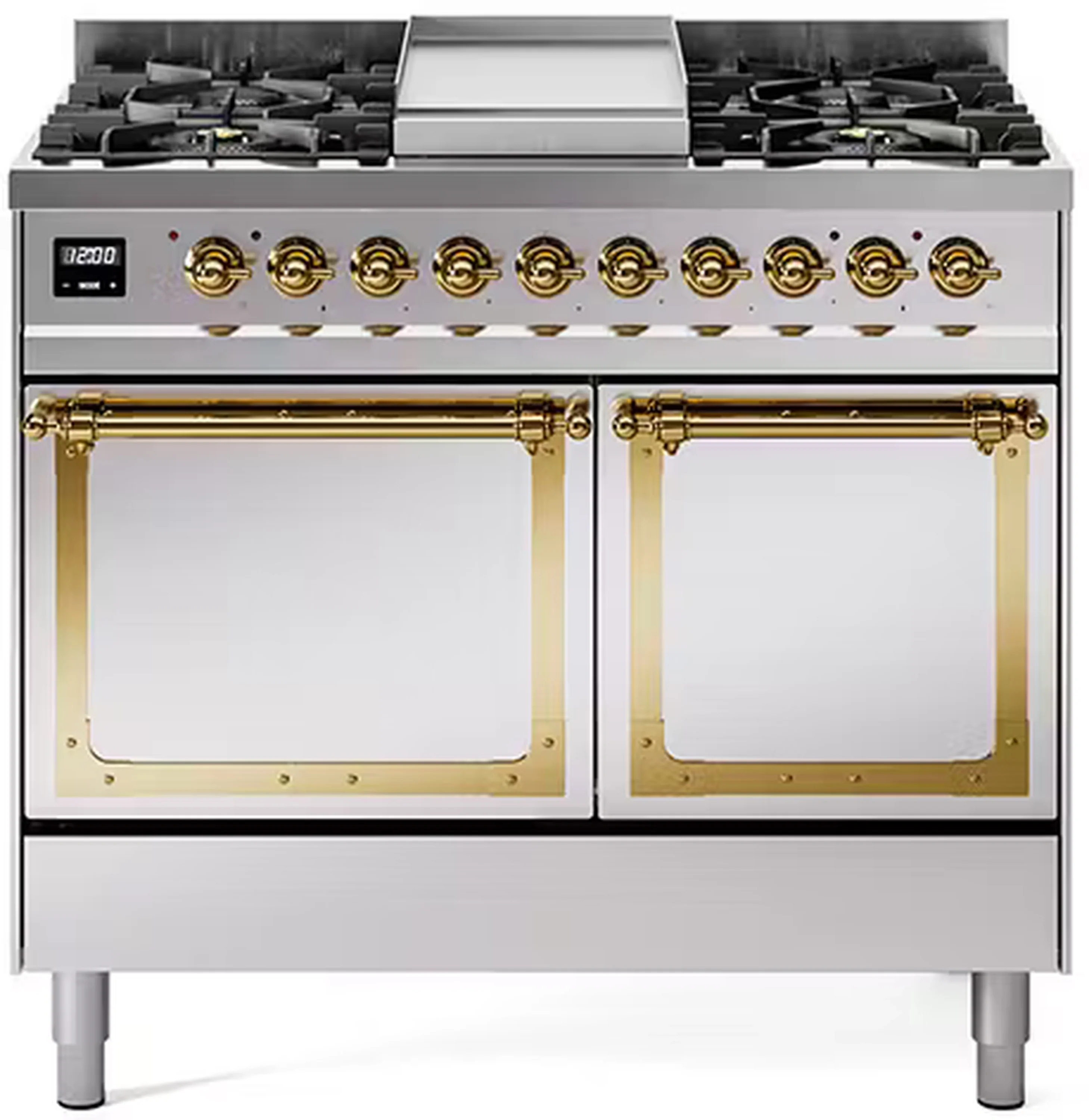 ILVE 40-Inch Nostalgie II Noblesse Dual Fuel Range with Solid Door Oven in Stainless Steel with Brass Trim (UND40FQNMPSSG)