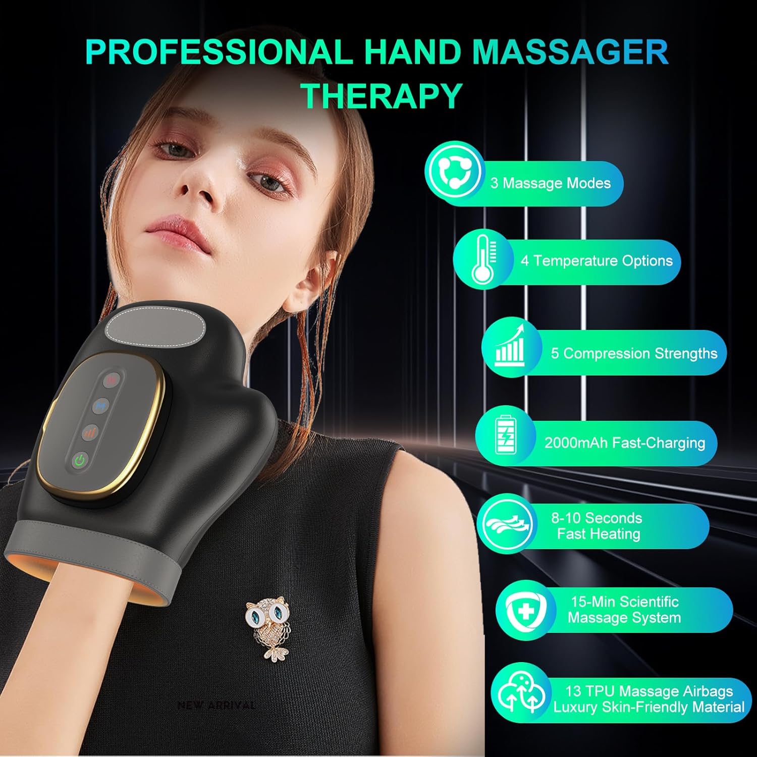 Professional Hand Massager with Heat Compression Therapy, 3 Massage 4 Temperatures 5 Compression Pain Relief Glove, Arthritis & Wrist Carpal Tunnel Neuropathy Circulation, Gifts for Women/Men
