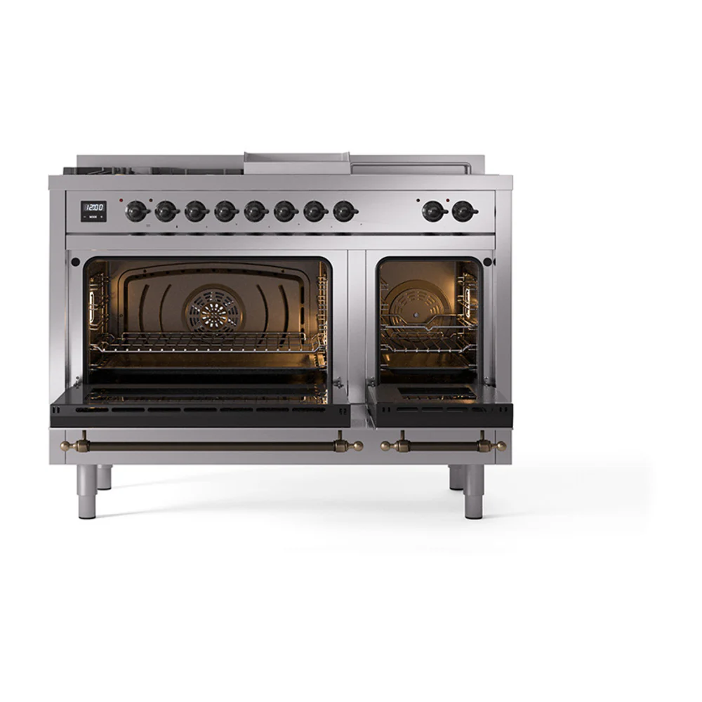 ILVE Nostalgie II 48-Inch Dual Fuel Range with 5 Burners, Griddle, & French Top, with Solid Door Oven in Stainless Steel with Bronze Trim (UP48FSQNMPSSB)