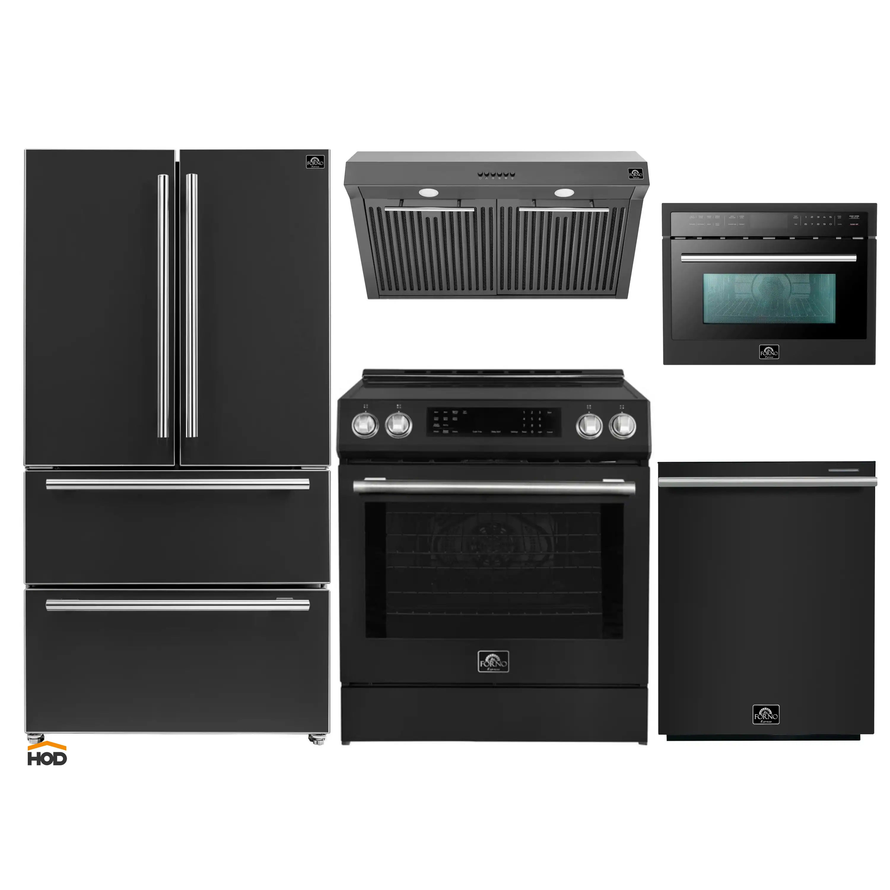 Forno 5-Piece Appliance Package - 30-Inch Inducton Range, Under Cabinet Range Hood, Refrigerator, Dishwasher, and 24-Inch Microwave Oven in Black with Stainless Steel Trim