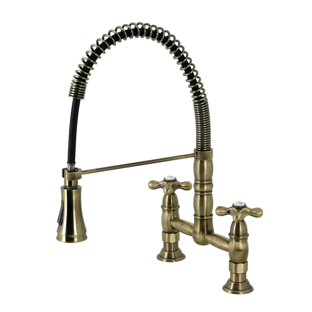Kingston Brass Gourmetier Heritage Double-Handle Deck-Mount Pre-Rinse Bridge Kitchen Faucet, Antique Brass (GS1273AX)