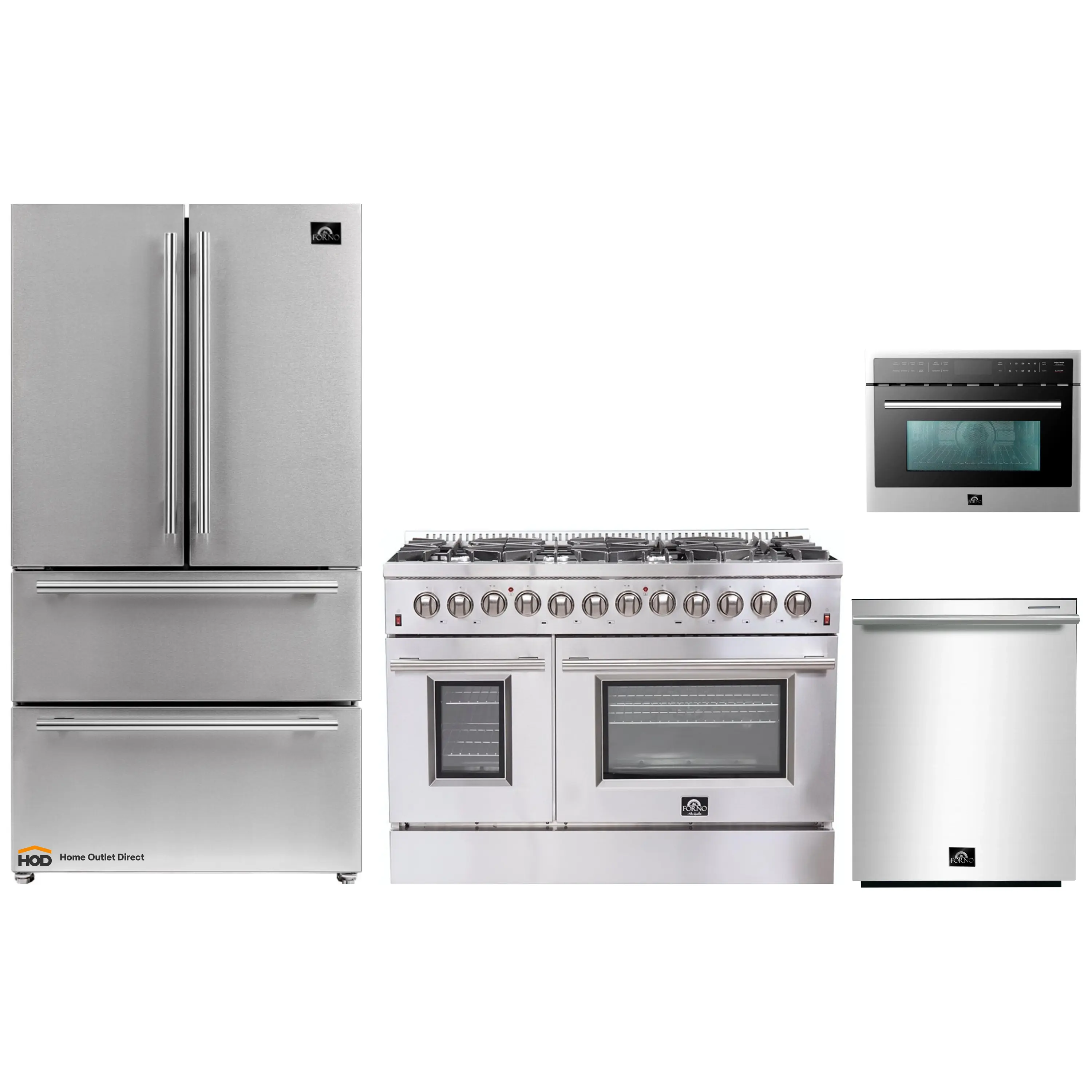 Forno 4-Piece Appliance Package - 48-Inch Dual Fuel Range, Refrigerator, 24-Inch Microwave Oven, & 3-Rack Dishwasher in Stainless Steel