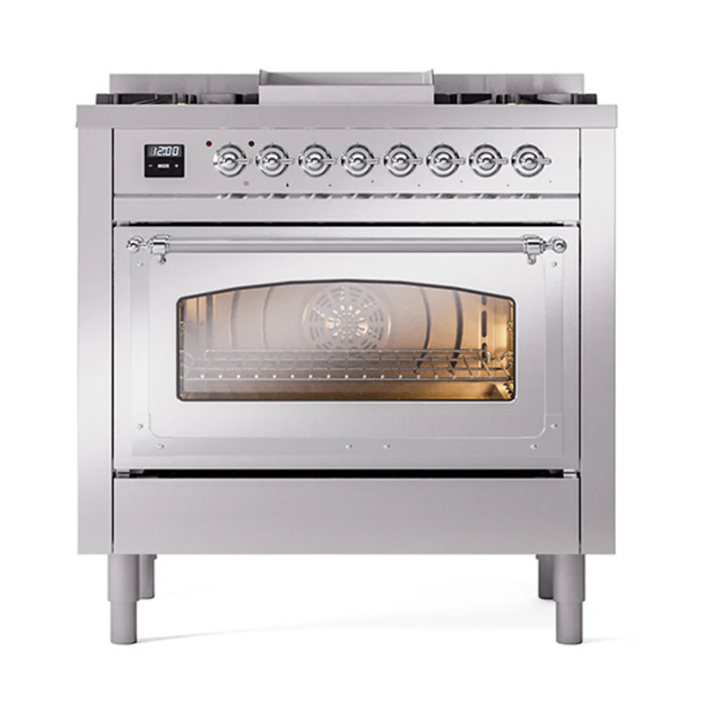 ILVE Nostalgie II Noblesse 36-Inch Dual Fuel Range and Triple Glass Door in Stainless Steel with Chrome Trim (UN36FNMPSSC)